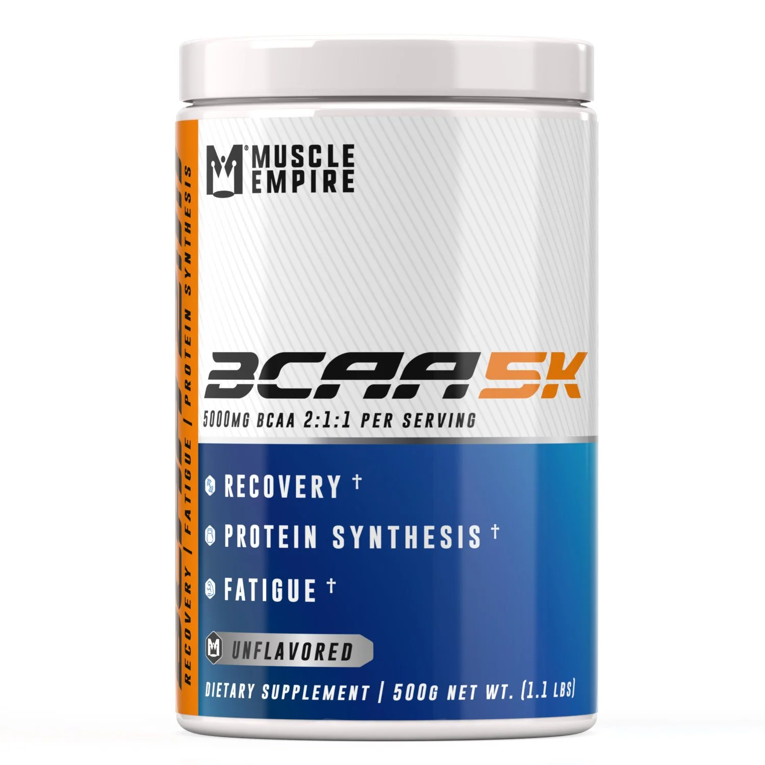 White container of Muscle Empire BCAA 5K dietary supplement with orange, white, and blue design, labeled as unflavored, 500 grams, with benefits for recovery, protein synthesis, energy, and fatigue.