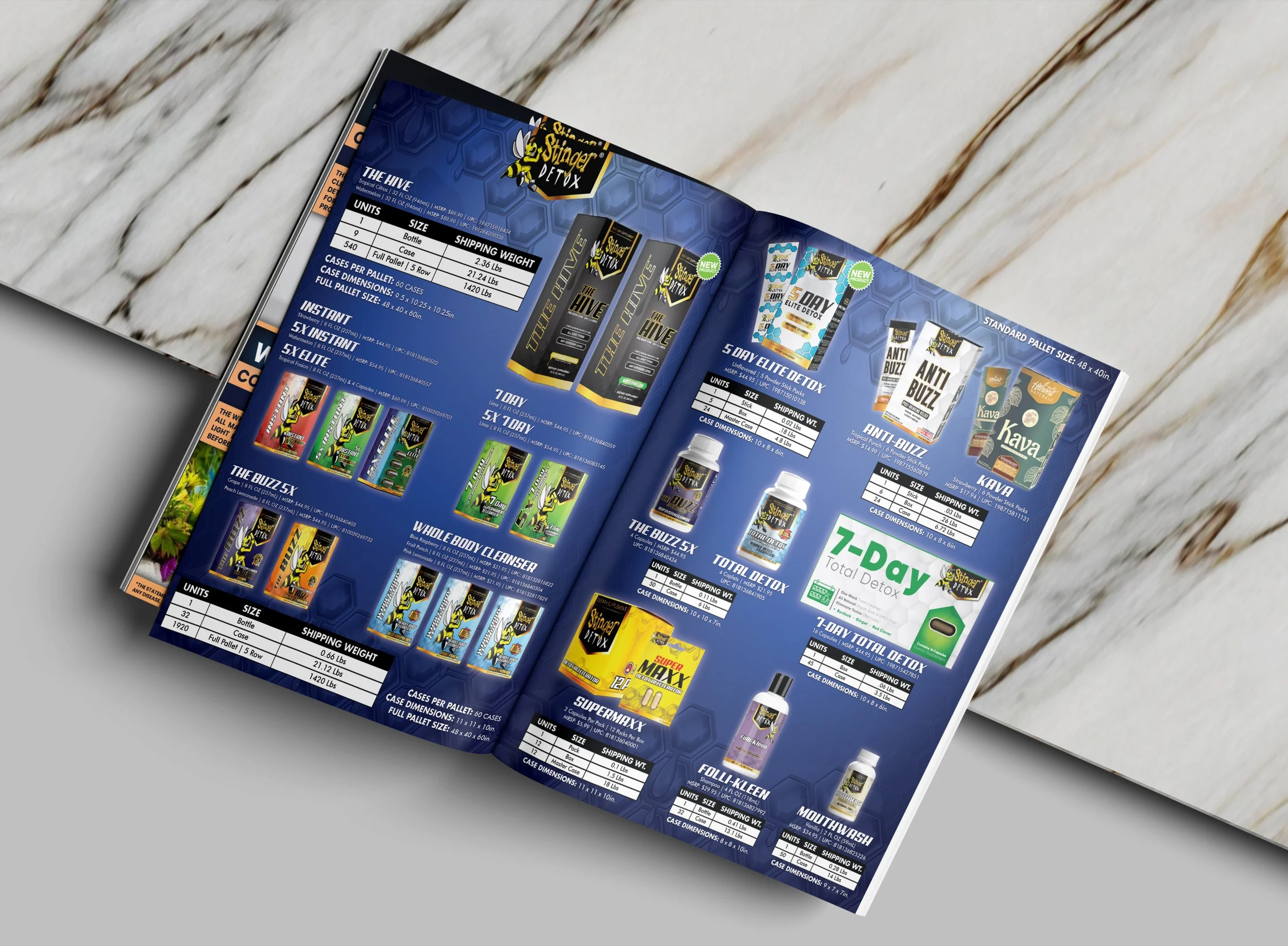 Open catalog page displaying products related to detox and supplements on a marble surface.