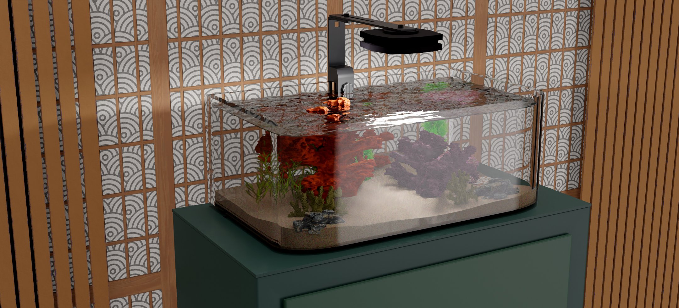 A fish tank with aquatic plants, rocks, and coral decorations, sitting on a green stand in front of a patterned wall with wooden slats.
