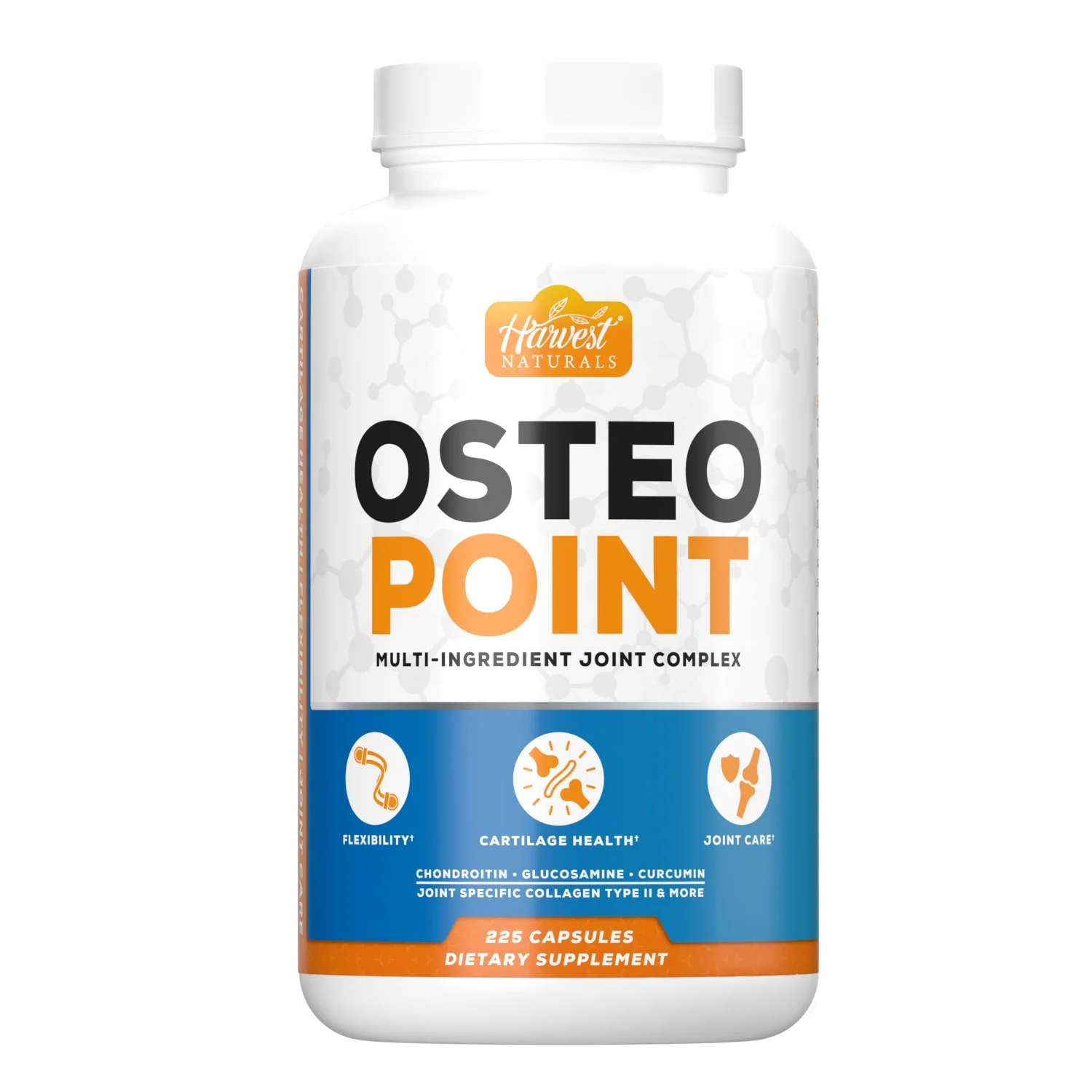 A white bottle of Harvest Naturals Osteo Point dietary supplement capsules with a label indicating it supports joint health, cartilage health, and joint care, containing 225 capsules.