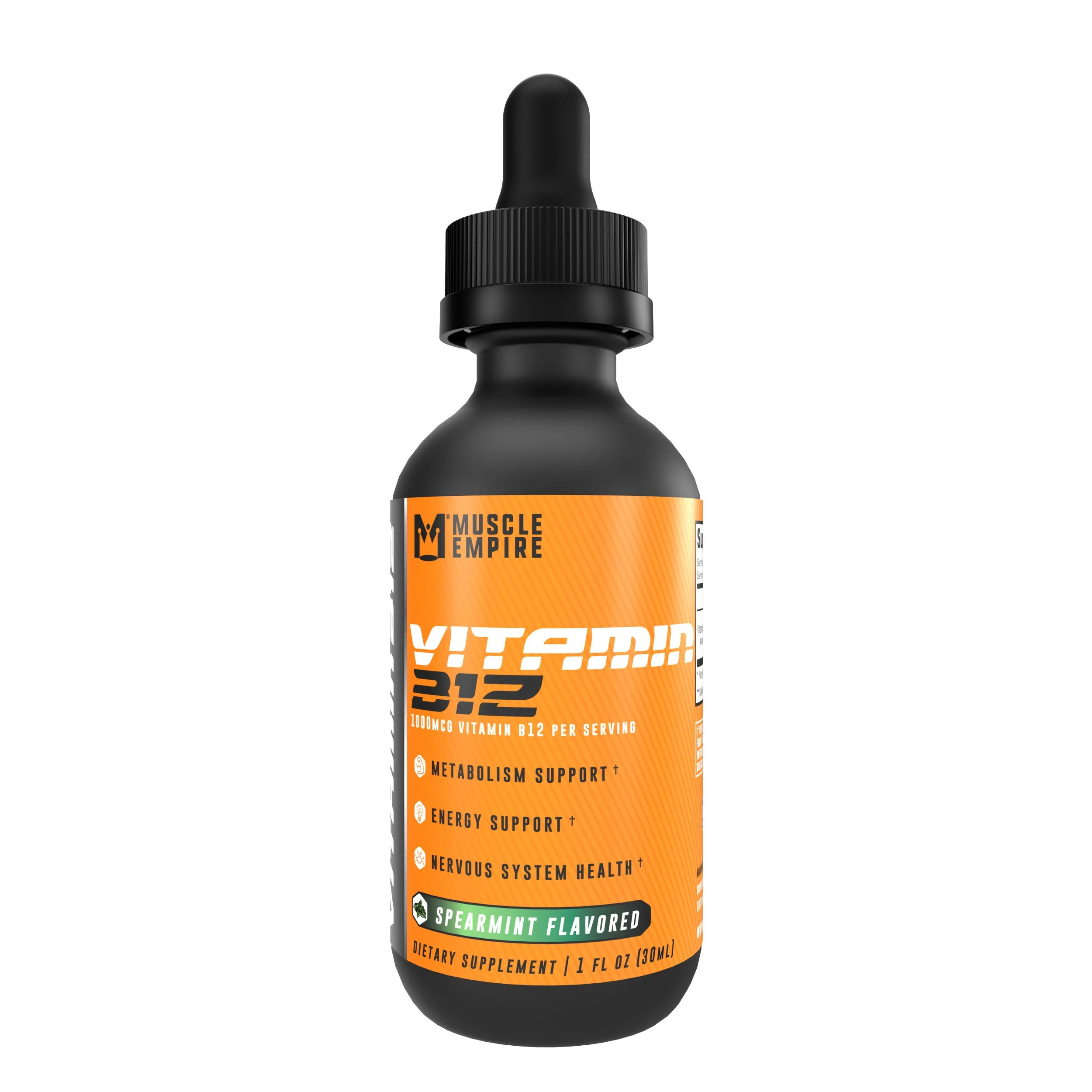 Black dietary supplement bottle with an orange and green label, labeled 'Vitamins' and 'Spearmint Flavored,' from Muscle Empire.