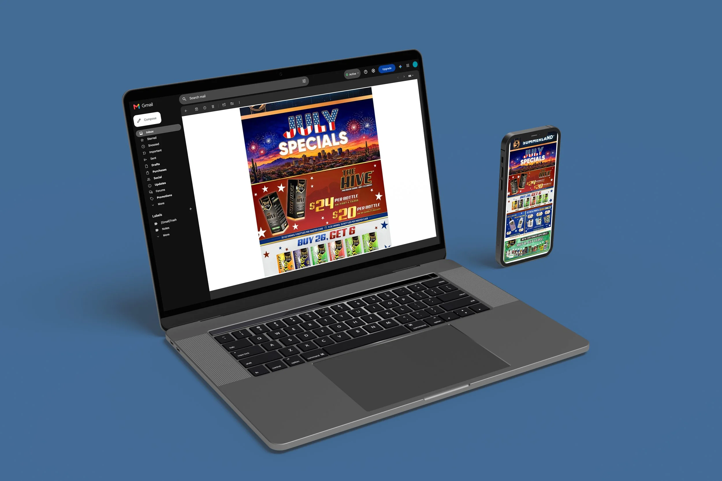 A laptop and a smartphone displaying a July special promotion for a product called The Hive, with fireworks in the background and patriotic colors.