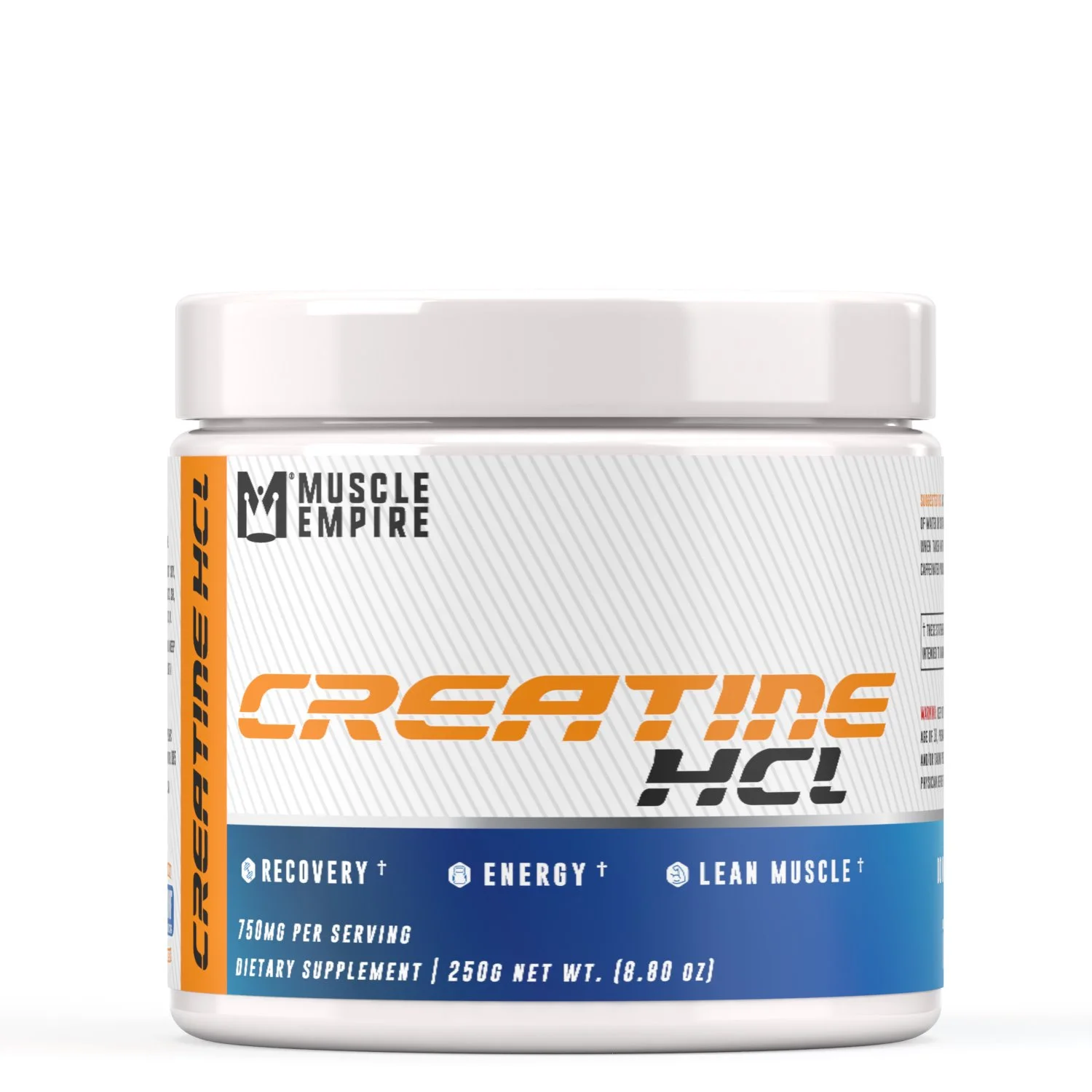 Container of Muscle Empire Creatine dietary supplement with label indicating recovery, energy, and lean muscle benefits, 250g net weight.