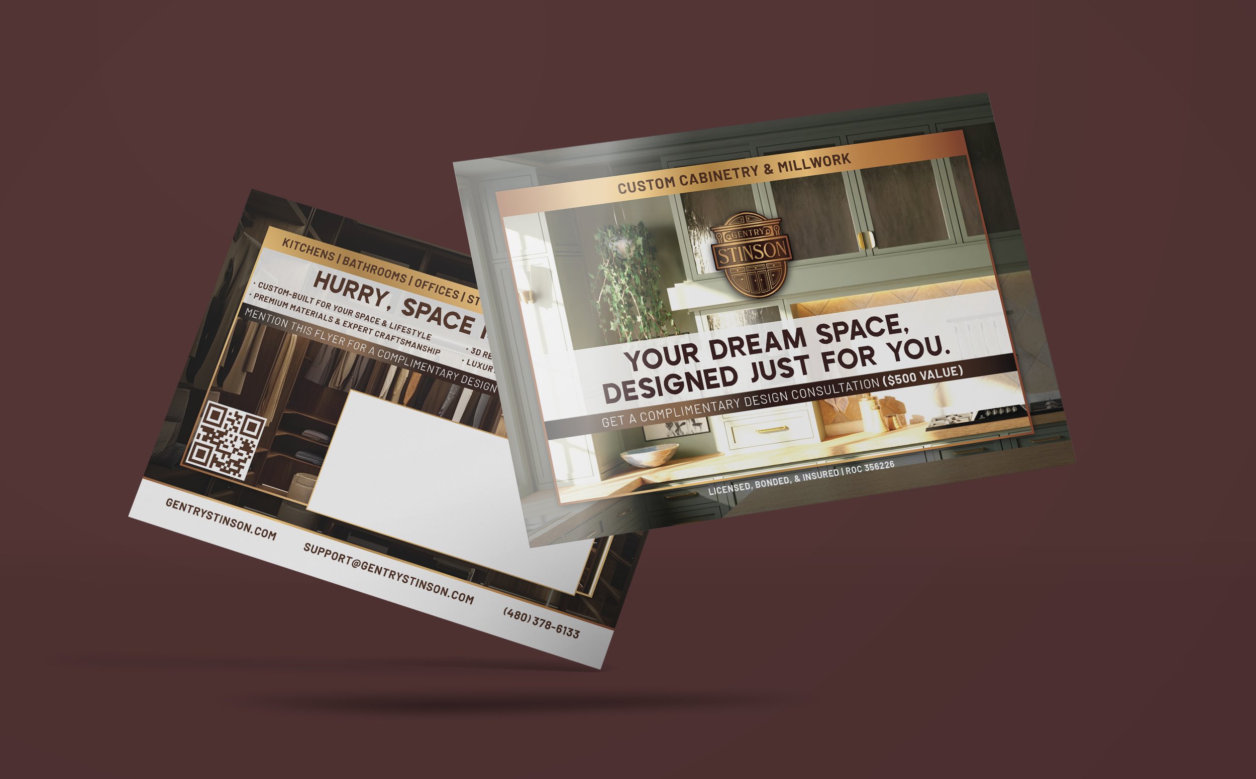 Flyers advertising custom cabinetry and millwork by Gentry Stinson, emphasizing design services and contact information, with images of kitchen interiors.