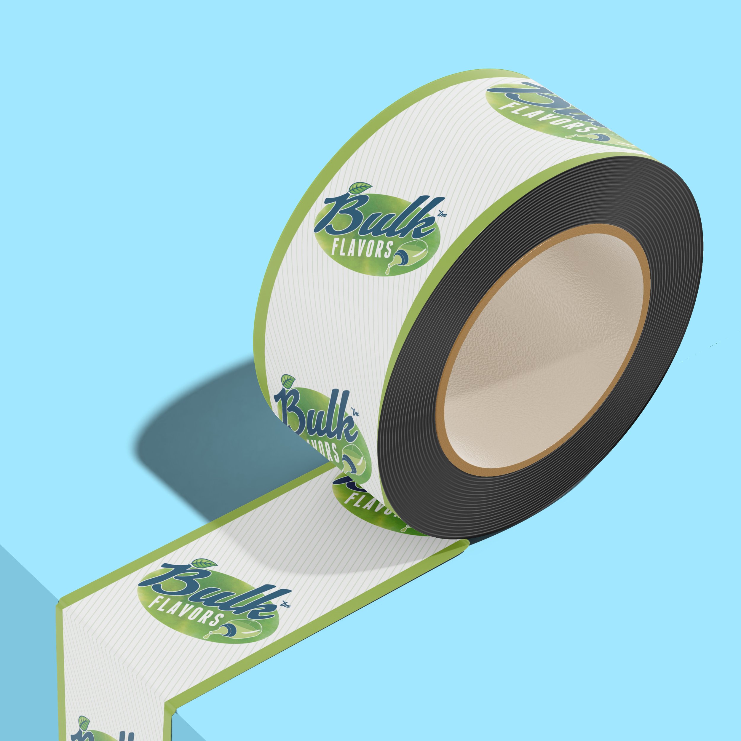 Close-up of a roll of packaging tape with a logo reading "Bulk Flavors" against a blue background.