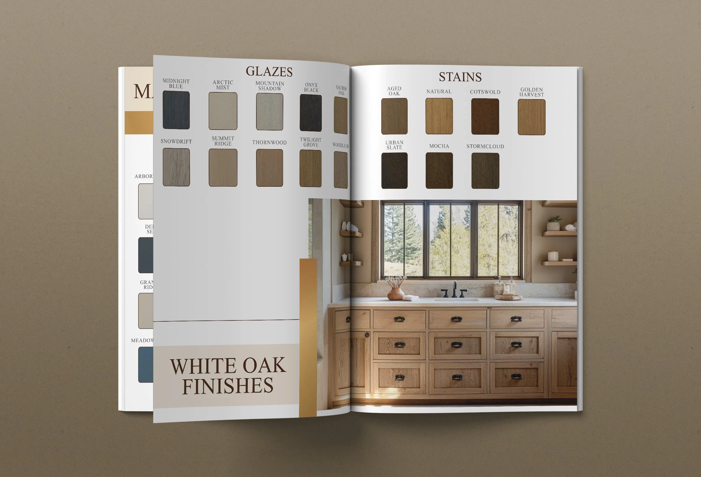 Open catalog showing wood stain samples and a kitchen window with a wooden cabinet beneath it.