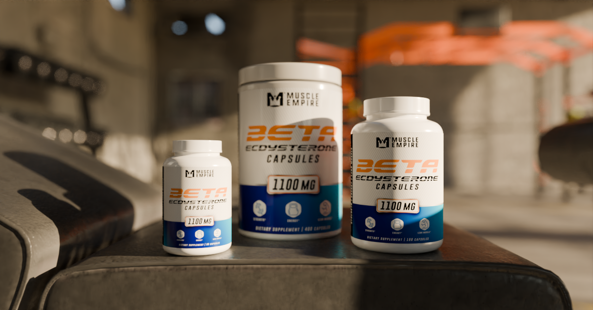 Three bottles of Muscle Empire Beta Ecdysterone capsules, rated 1100 mg, placed on a table in a gym setting.