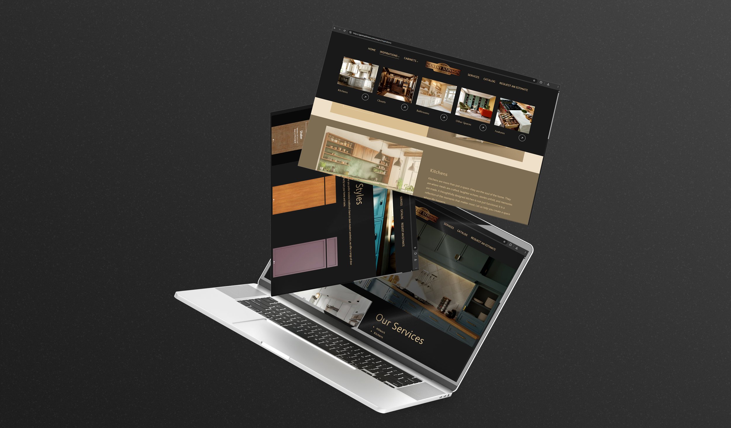 Multiple overlapping website screens on a laptop, showcasing interior design and home renovation services.
