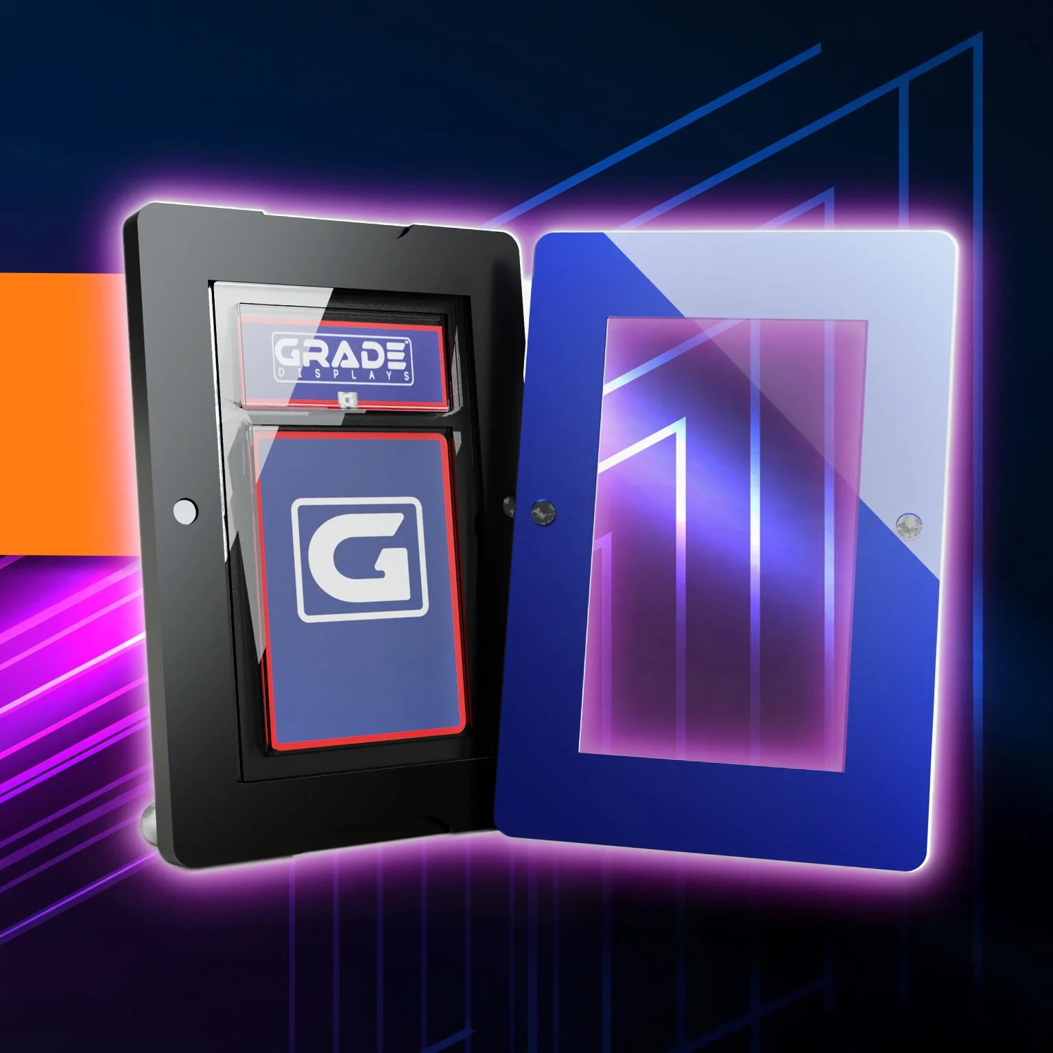 A pair of graded card displays, featuring a white 'G' logo, placed in front of a digital neon background with purple and pink abstract lines.