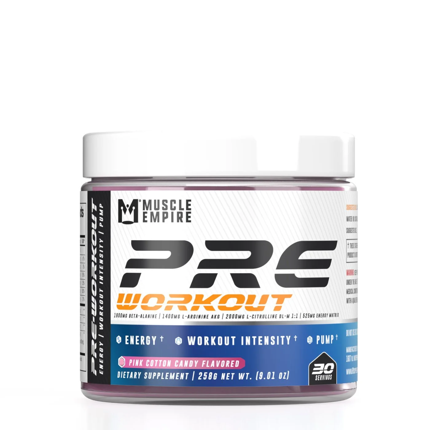A container of Muscle Empire Pre Workout energy supplement in pink cotton candy flavor, with a white lid and a white, blue, black, and pink label.