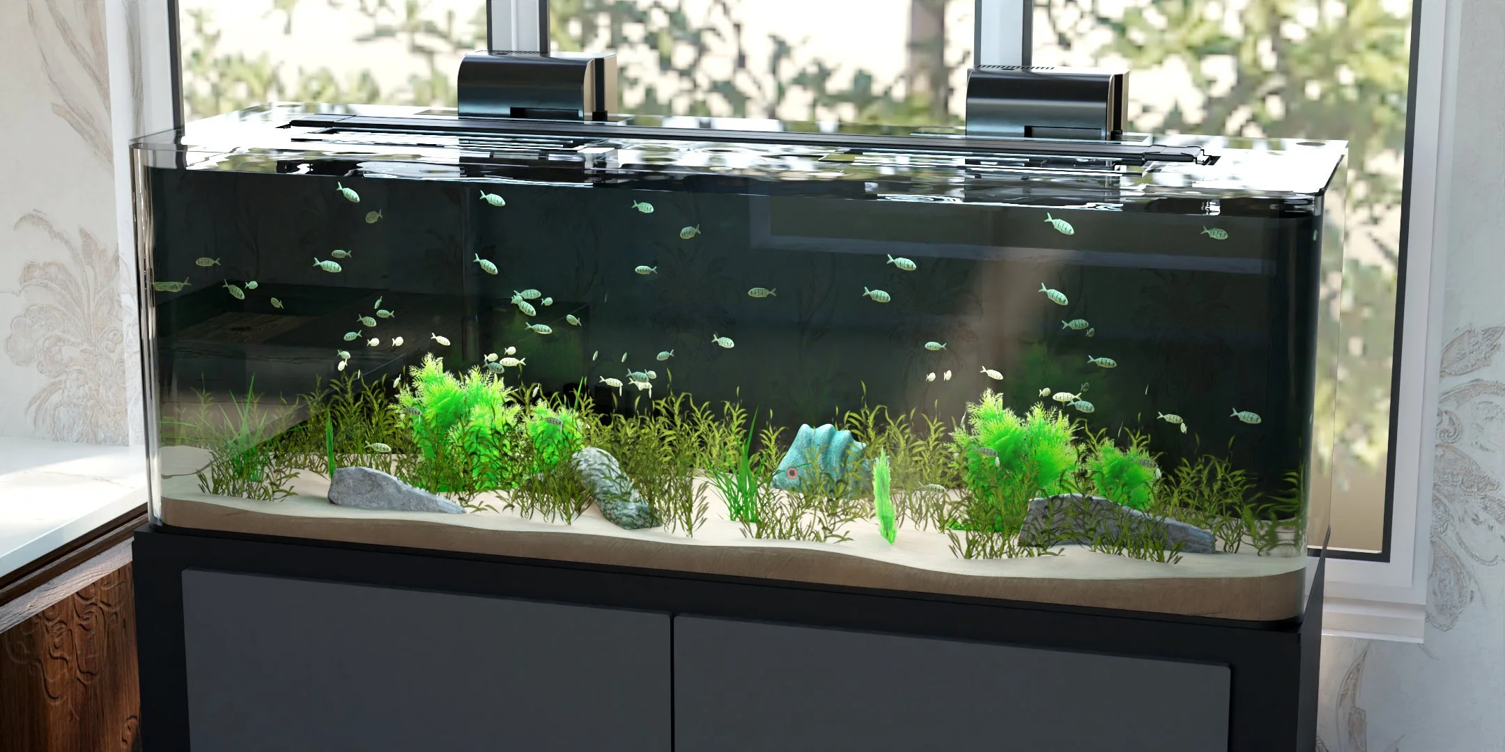 Aquarium with small green fish swimming amongst artificial plants and rocks, placed near a window.