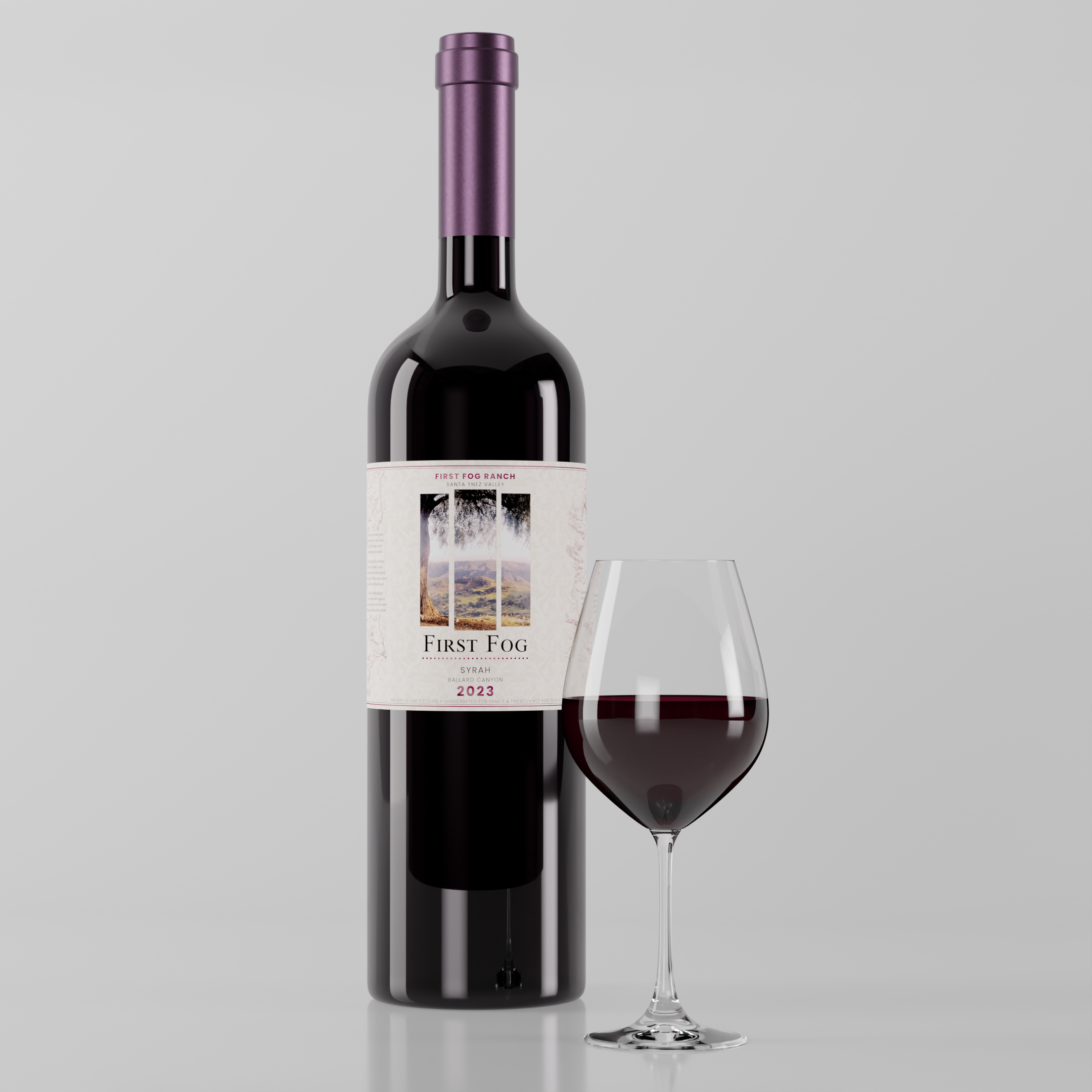 A bottle of wine, a wine glass, and a wine opener on a gray background.
