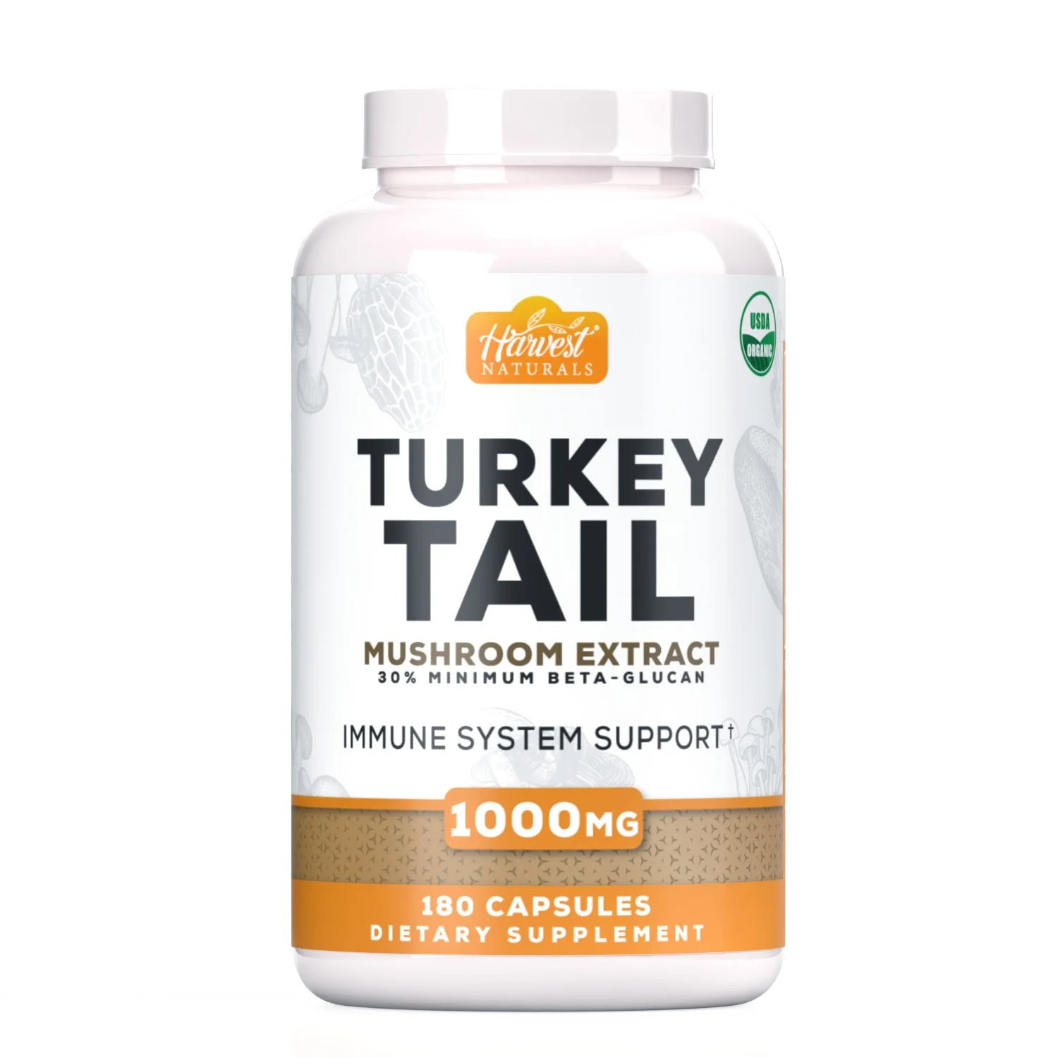 Bottle label for Harvest Naturals Turkey Tail mushroom extract dietary supplement, 1000 mg, 180 capsules, with an USDA organic certification logo.