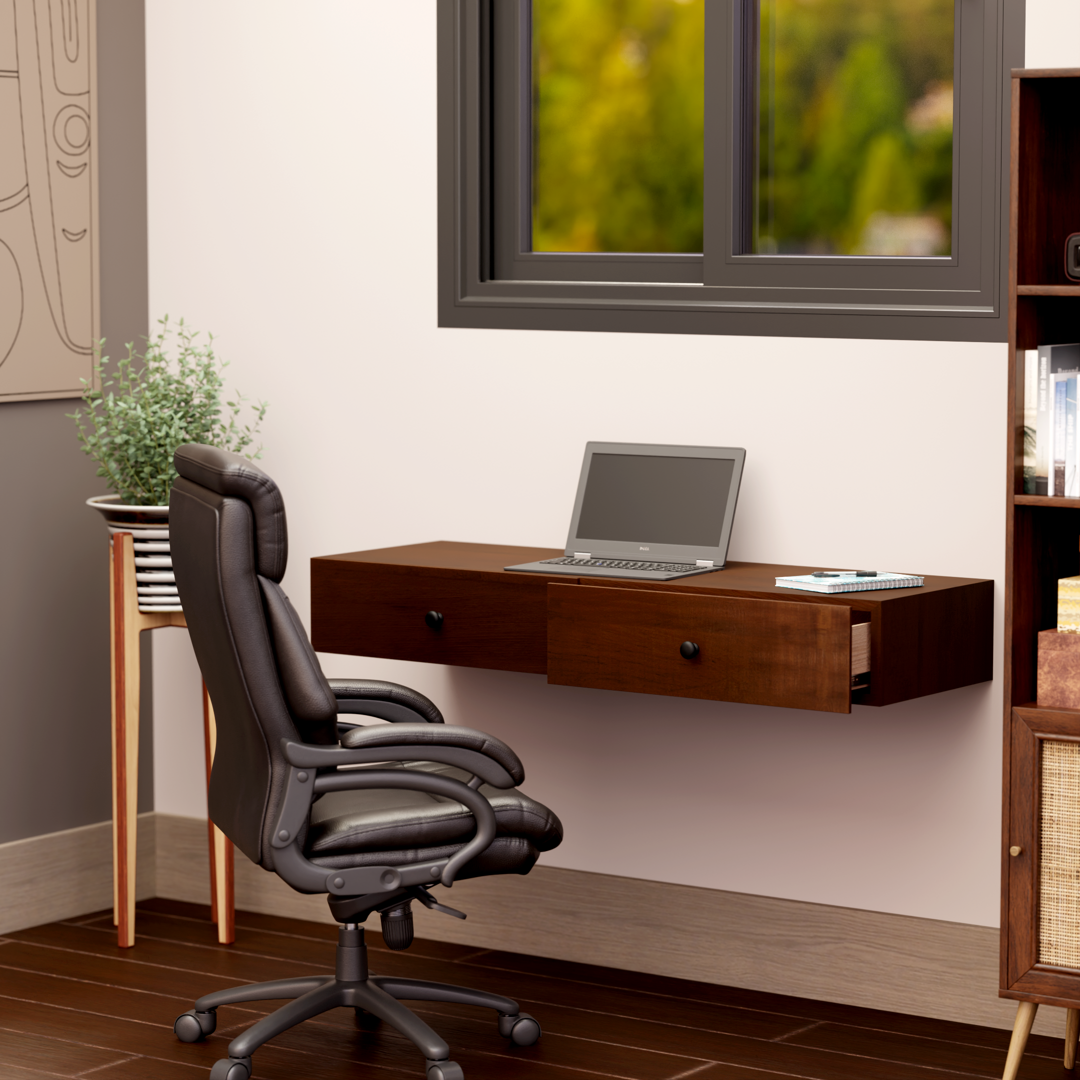 A modern office with a wooden desk, a black ergonomic office chair, a laptop, a potted plant, a gold and black standing mirror, and a wooden bookshelf with books, situated near a window with a view of greenery outside.