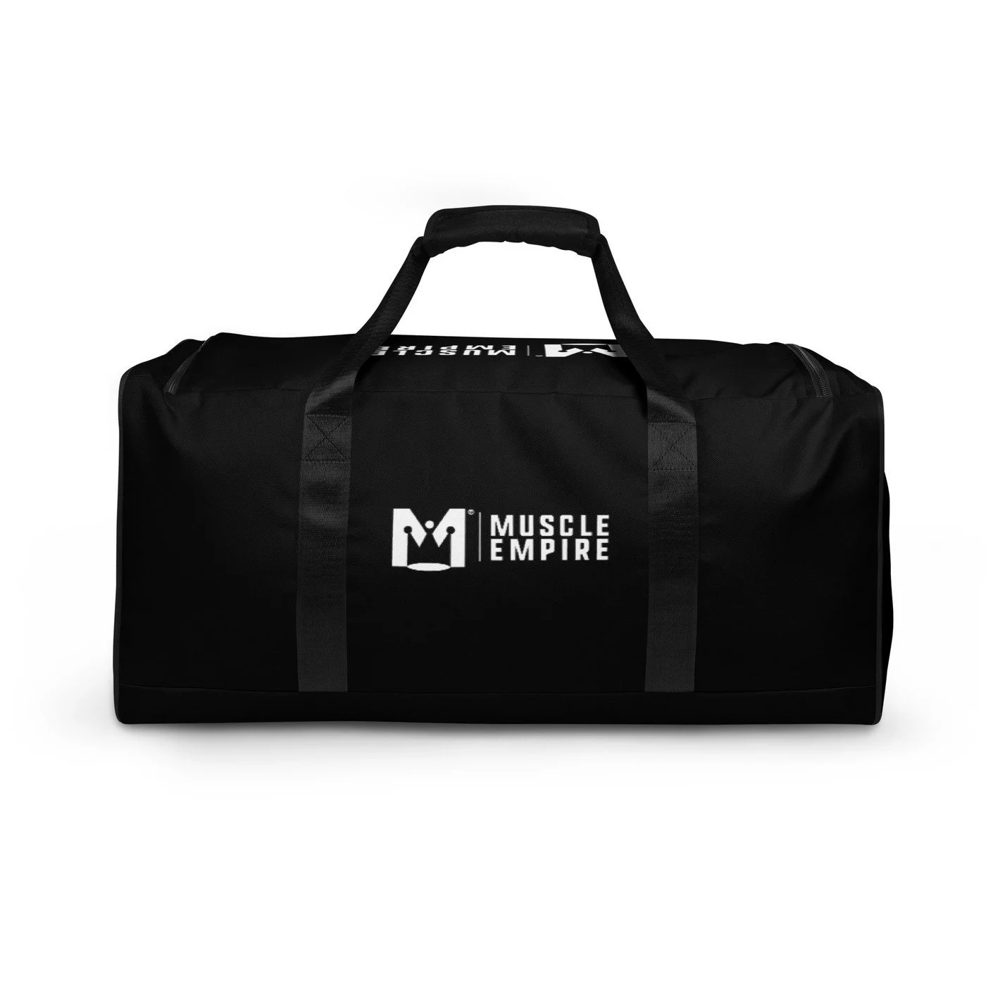 Black duffle bag with handles and a shoulder strap, featuring the Muscle Empire logo in white, placed on a white background.