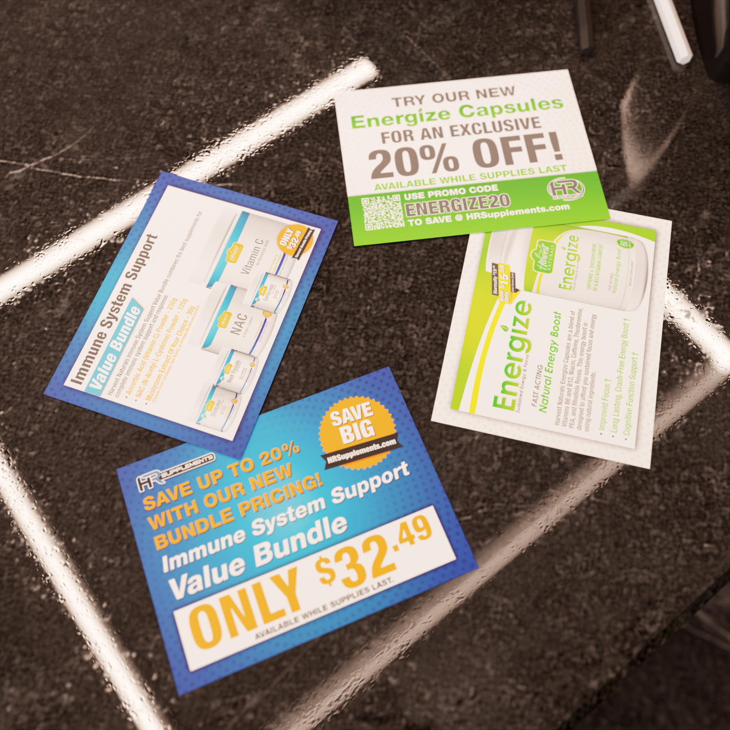 Promotional flyers on a black surface display discounts and product information for dietary supplements, including Energize Capsules and immune support bundles, with prices and discount codes.