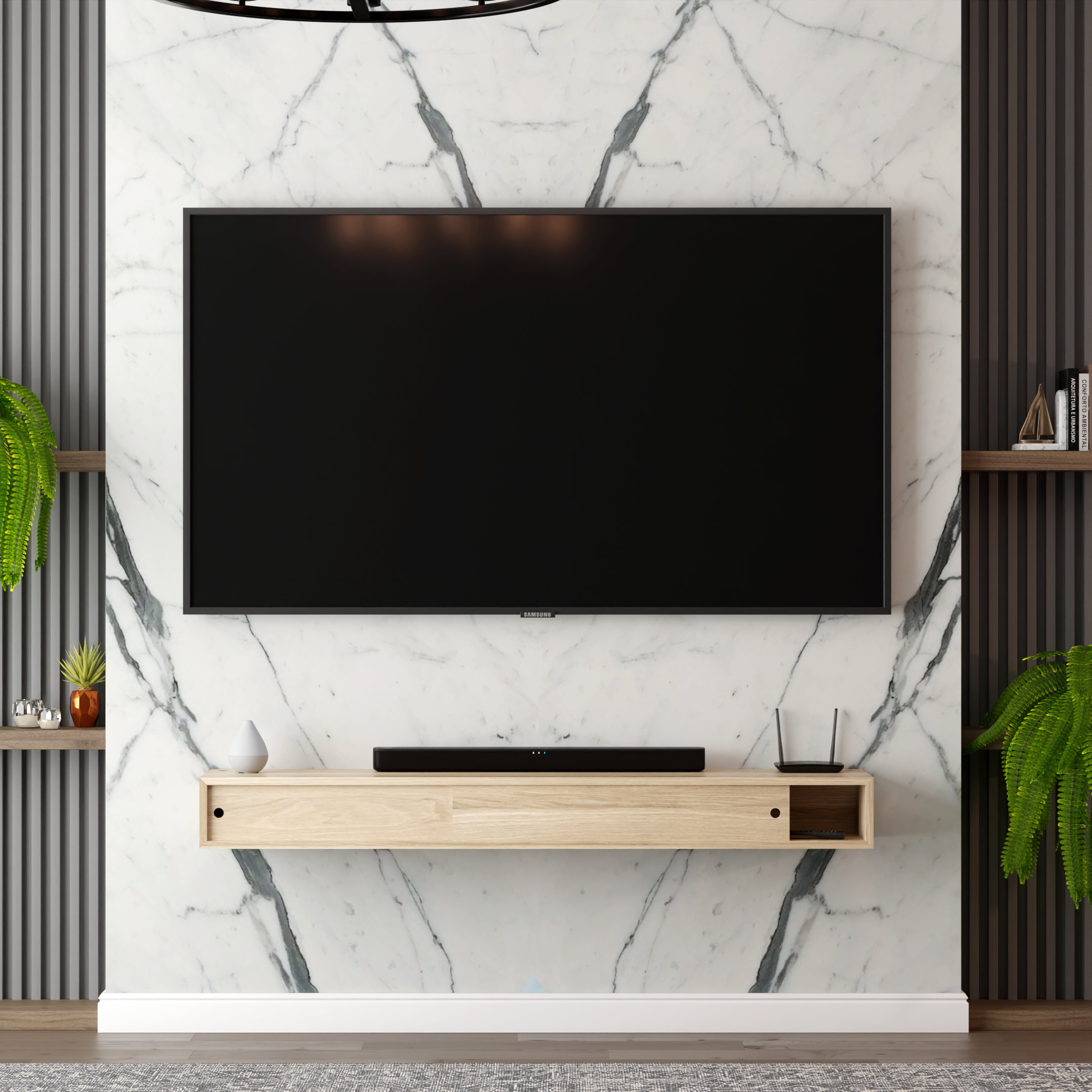 Living room with a flat-screen TV mounted on a marble wall, a wooden media console, decorative vases, plants, and books, enhanced by striped and greenery accents.