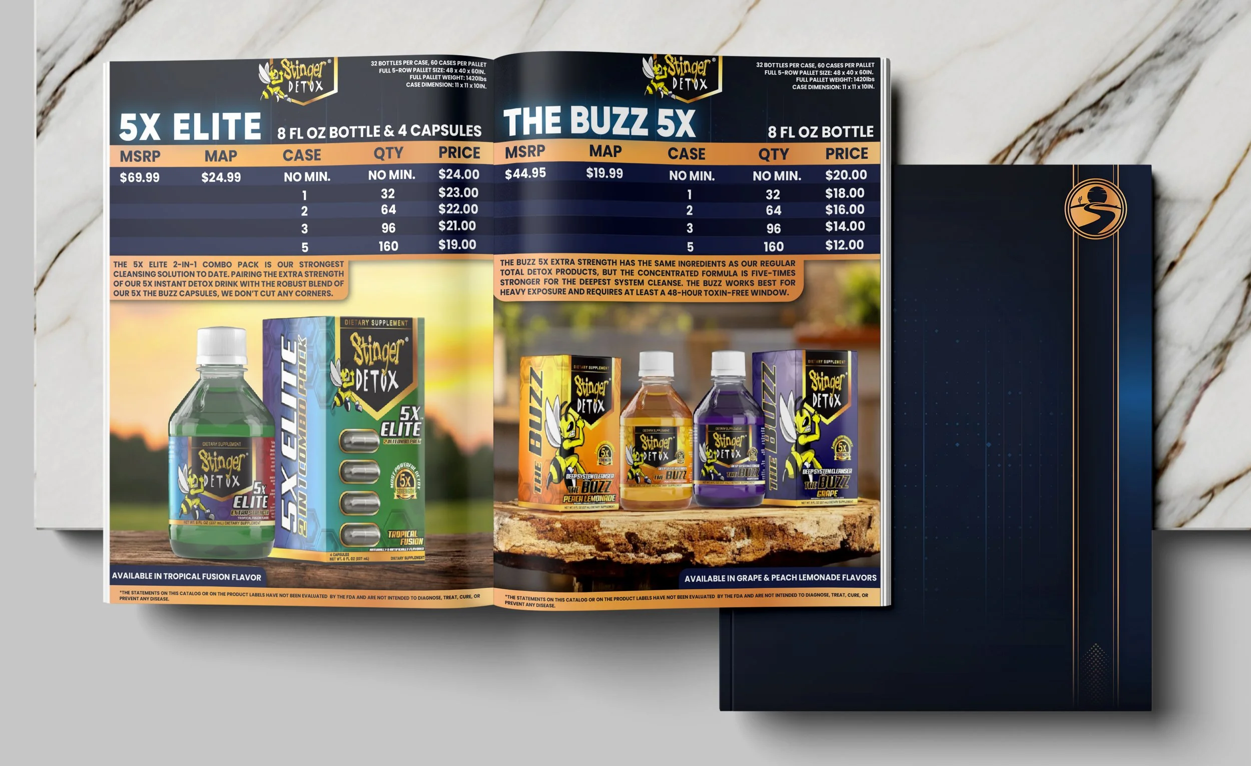 A printed product catalog showcasing Stinger Detox products, including bottles and capsules, with pricing and flavor options displayed on a double-page spread on a marble surface.