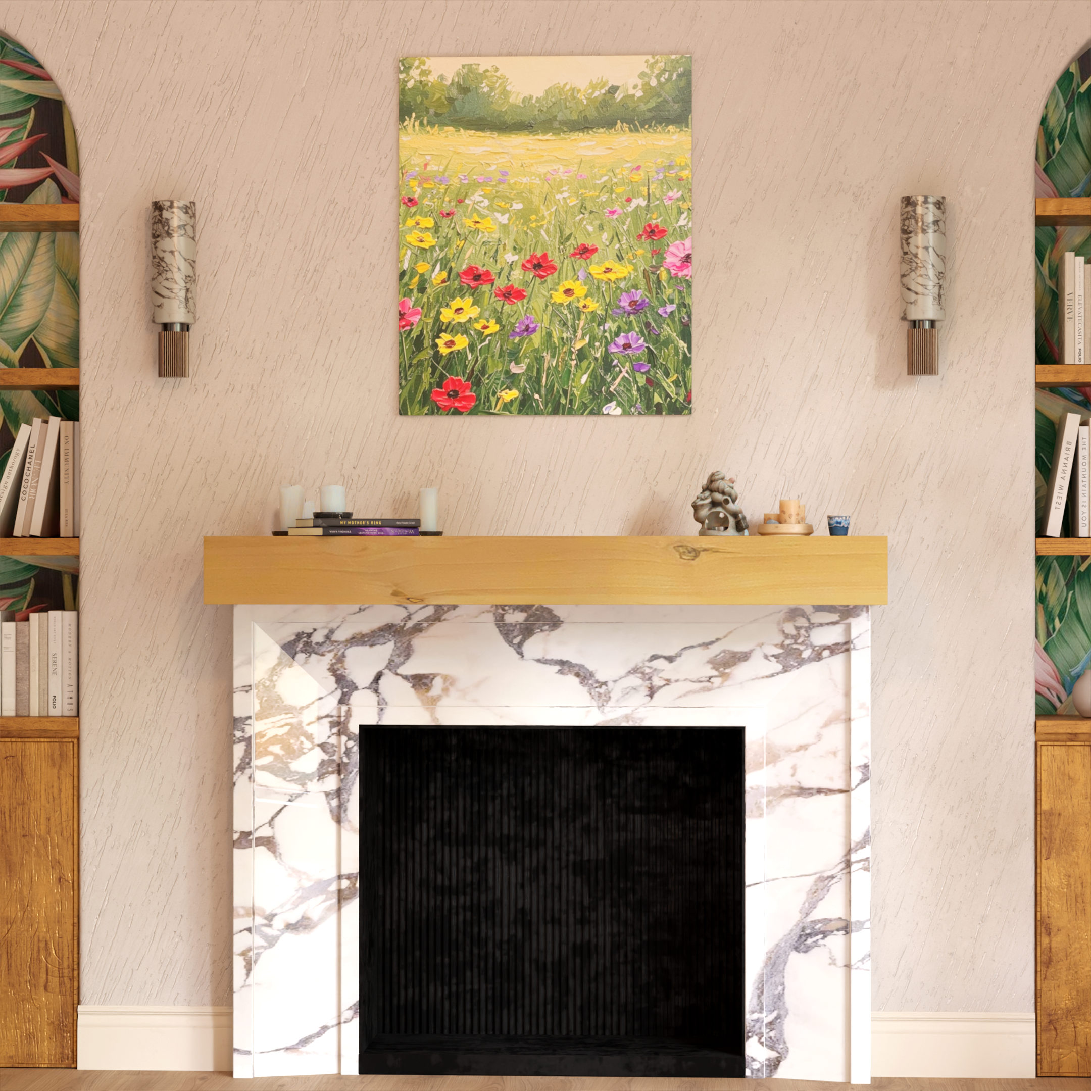 A living room wall with a central abstract painting of a colorful floral landscape, flanked by two modern wall-mounted lights and surrounded by bookshelves filled with books on either side.