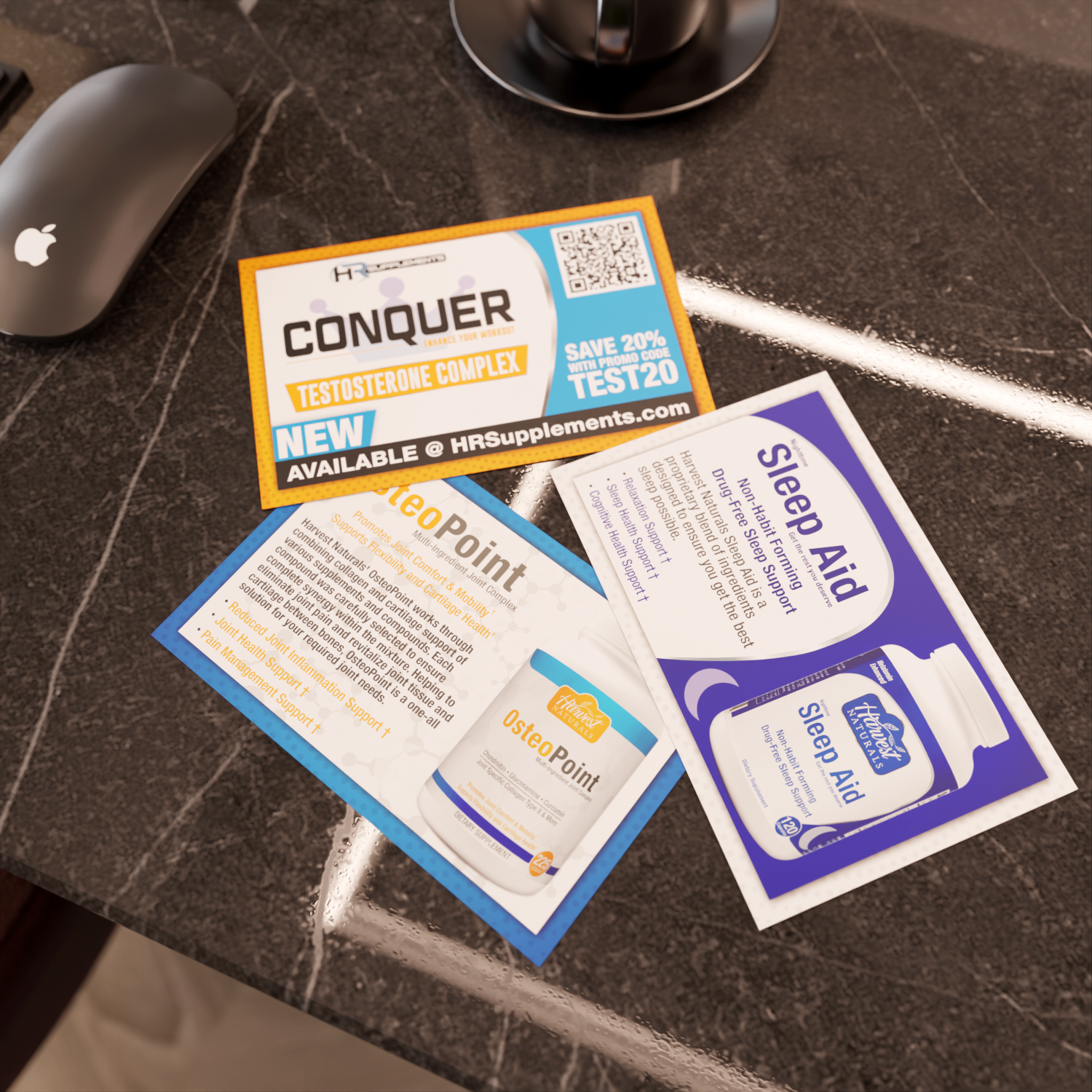 Brochures and flyers on a dark marble countertop promoting Sleep Aid products and Testosterone Complex supplements, with a Mac mouse nearby.