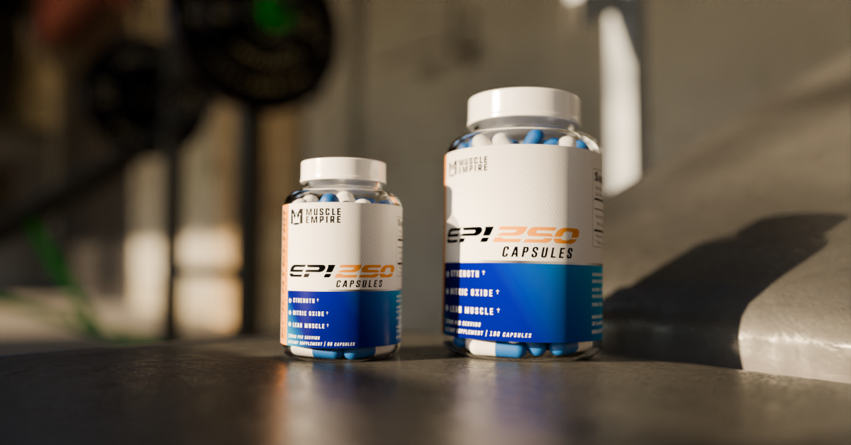 Two bottles of Muscle Empire SPI 250 capsules supplements on a gym floor, with shadow and blurred gym equipment in the background.