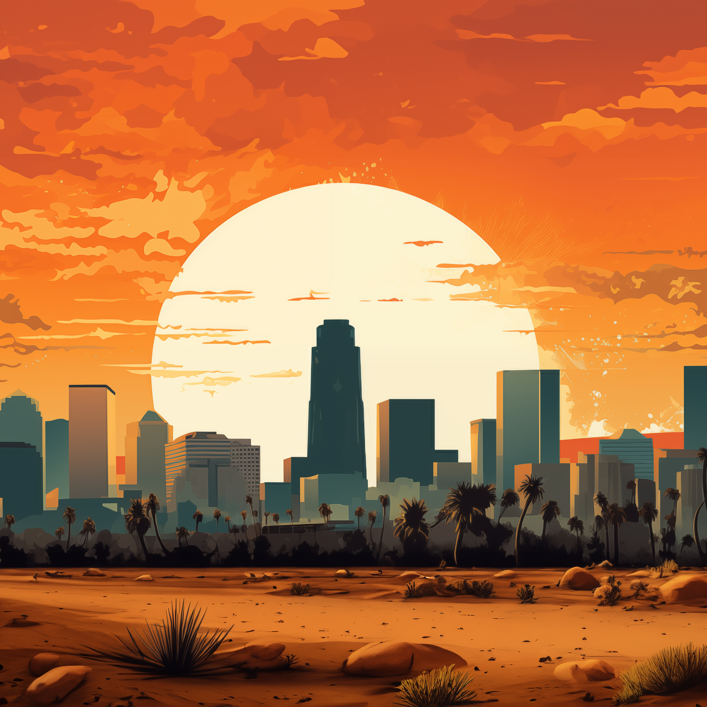 A city skyline at sunset with a large orange sun partially visible behind the buildings and clouds in the sky. The foreground has desert landscape with rocks, sparse vegetation, and palm trees.