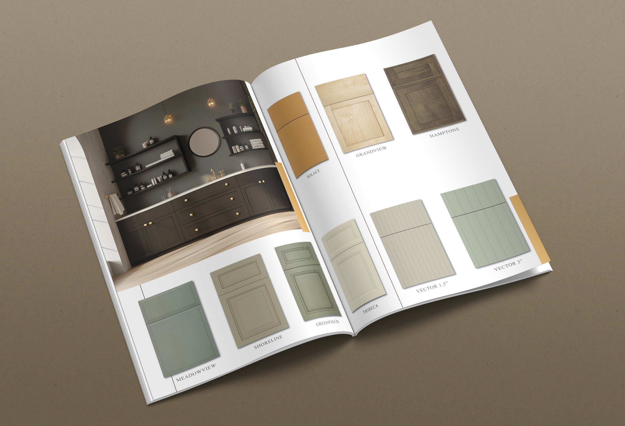 Open interior design catalog showing various cabinet and door styles with color and wood finish options.