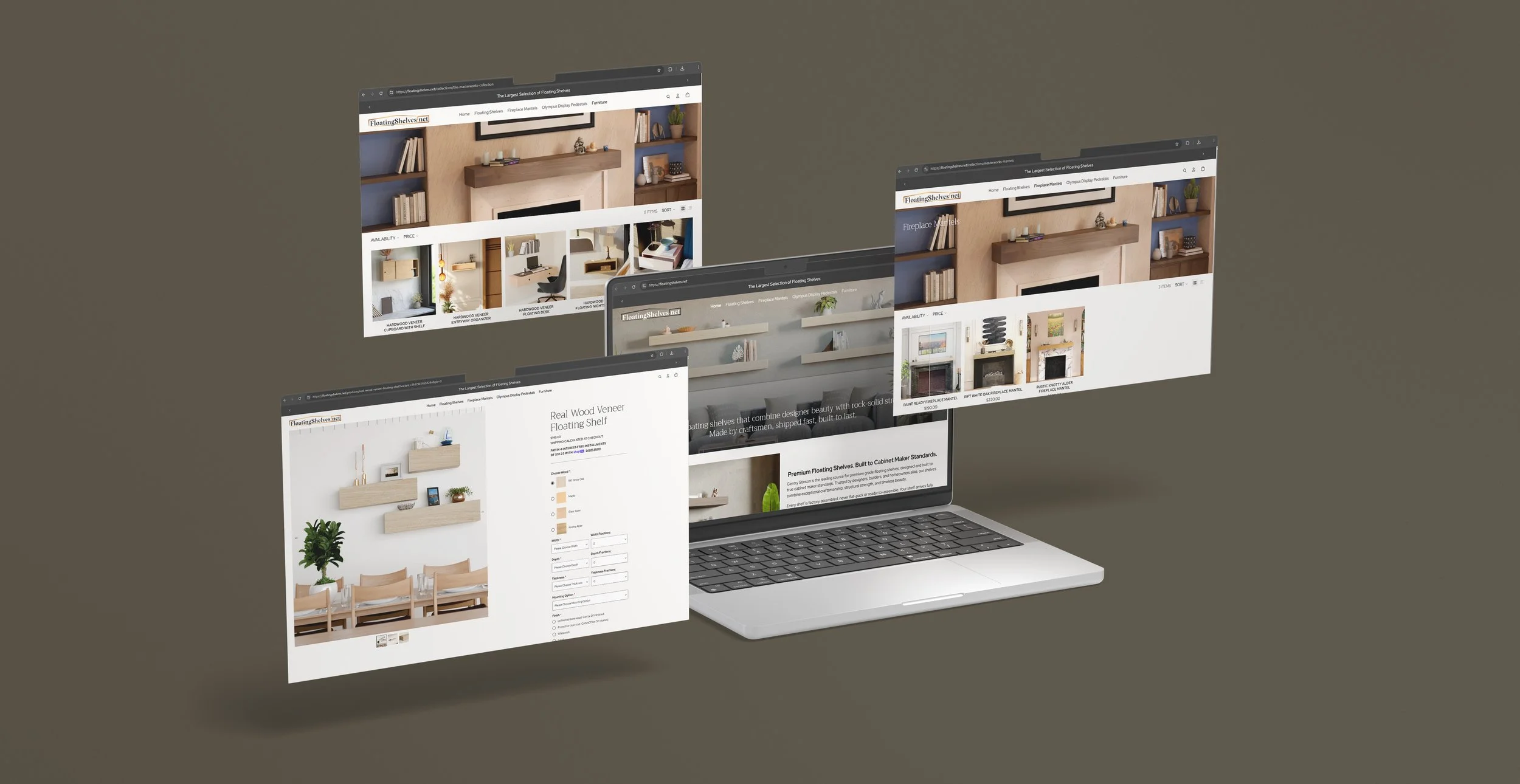 Multiple overlapping laptop screens displaying furniture and interior design websites with shelving units, a fireplace, and interior rooms against a dark background.
