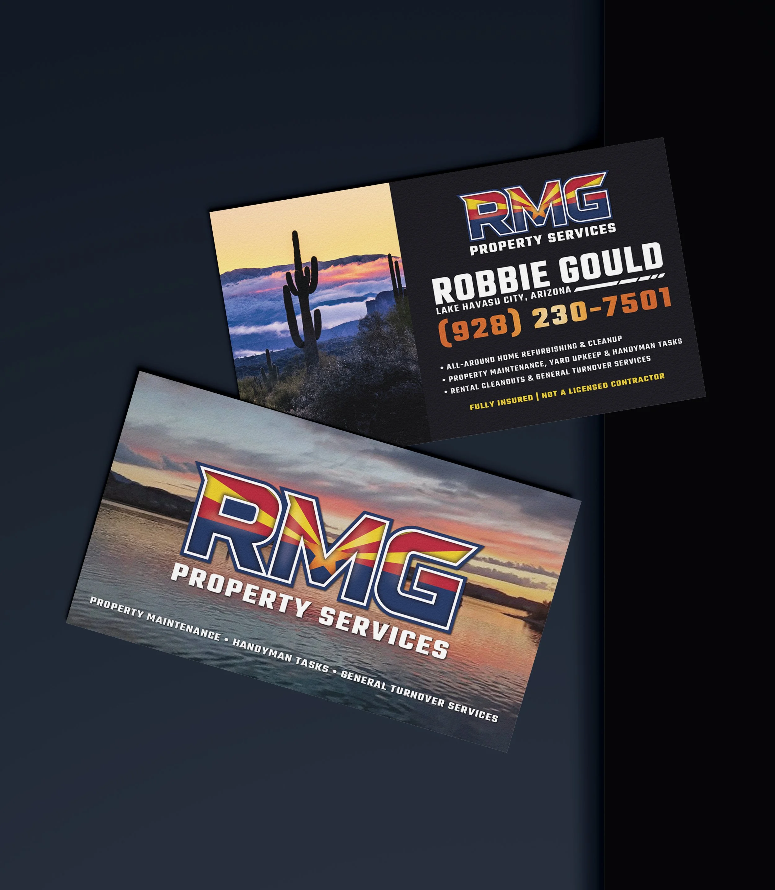 Business card for RMG Property Services featuring a desert landscape with cacti at sunset, displaying the name Robbie Gould, phone number (928) 230-7501, and services like home repairs and handyman tasks.