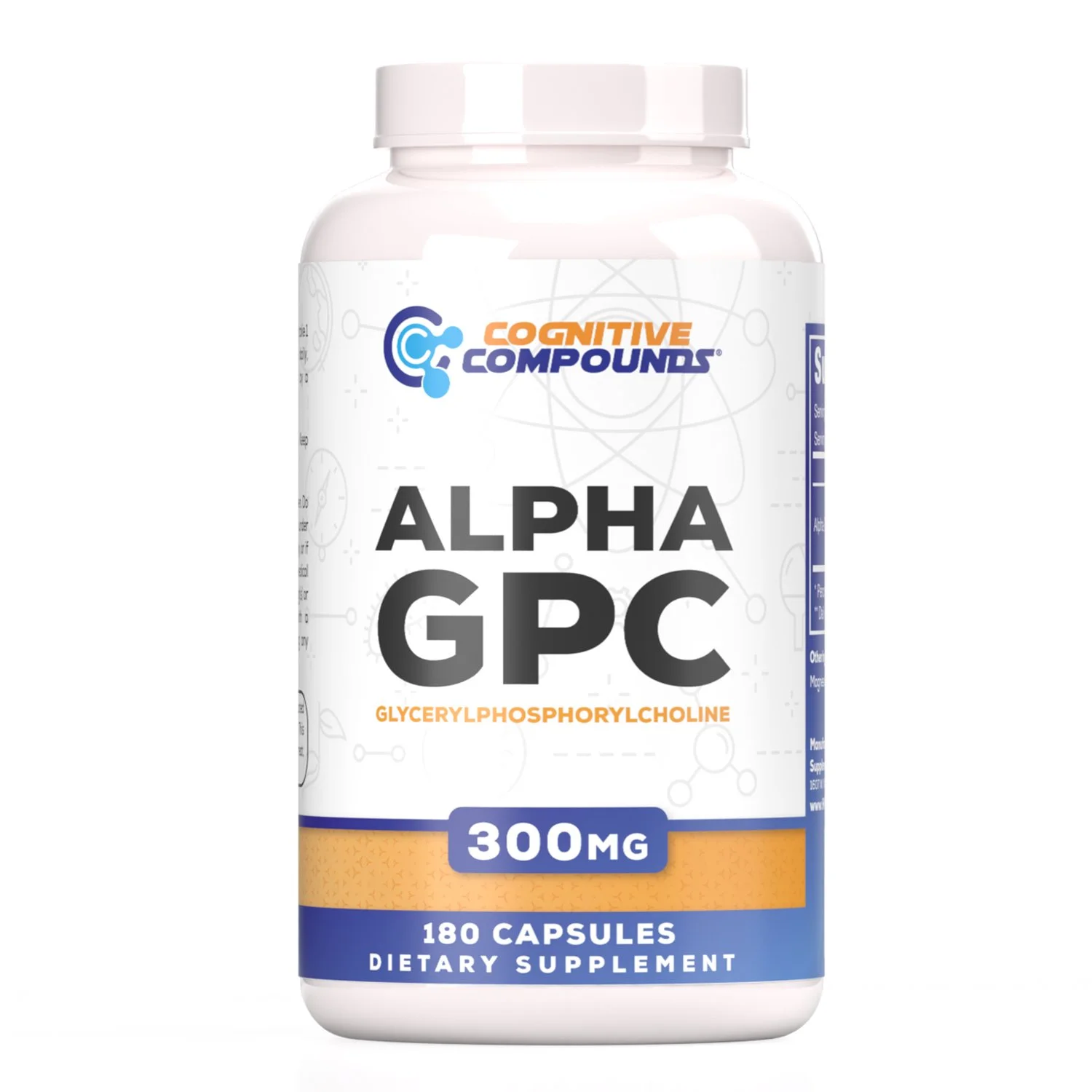 Bottle of COGNITIVE COMPOUNDS Alpha GPC dietary supplement containing 180 capsules, 300 milligrams each, with a label featuring a blue, orange, and white design and the words ALPHA GPC and GLYCERYLPHOSPHORYLCHOLINE.