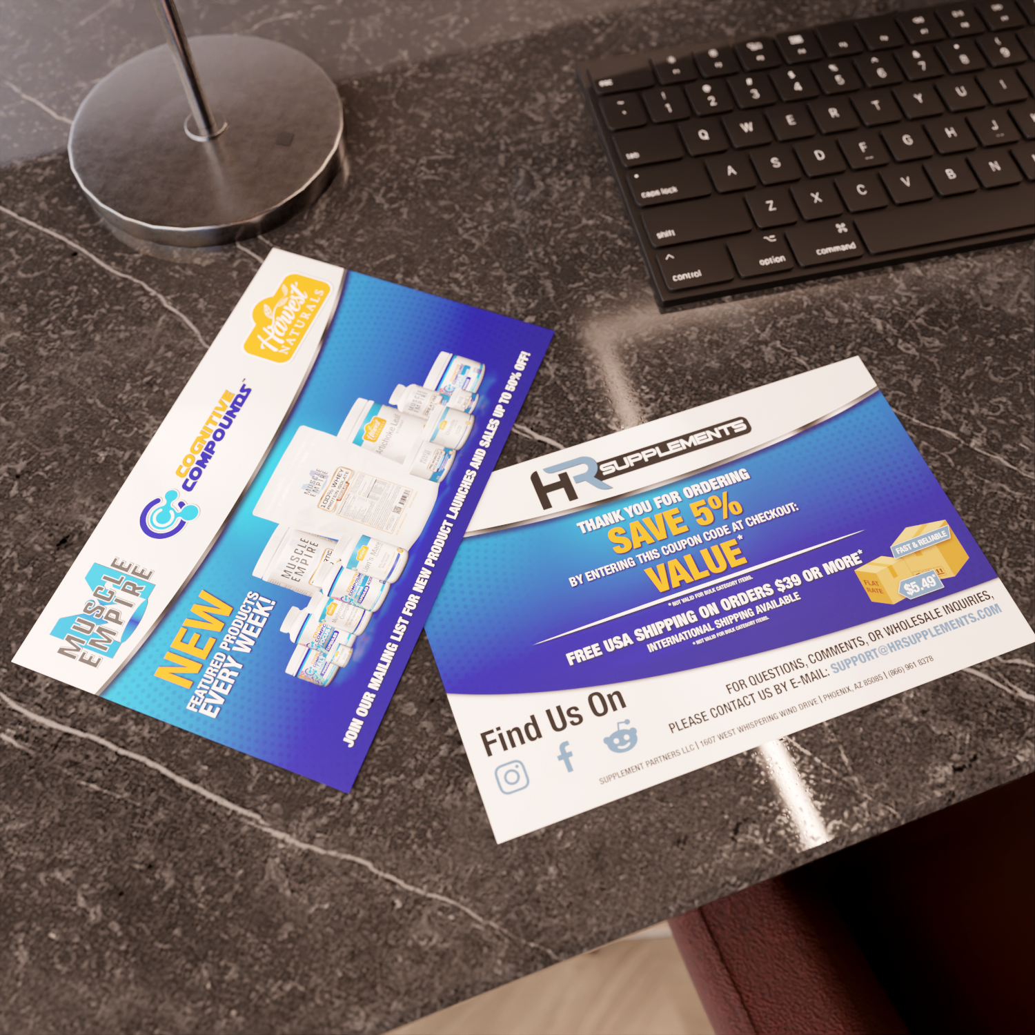 A promotional flyer from HR Supplements on a dark speckled table, offering a 5% discount with a coupon code for online orders of $30 or more, with shipping details, social media icons, and a barcode.