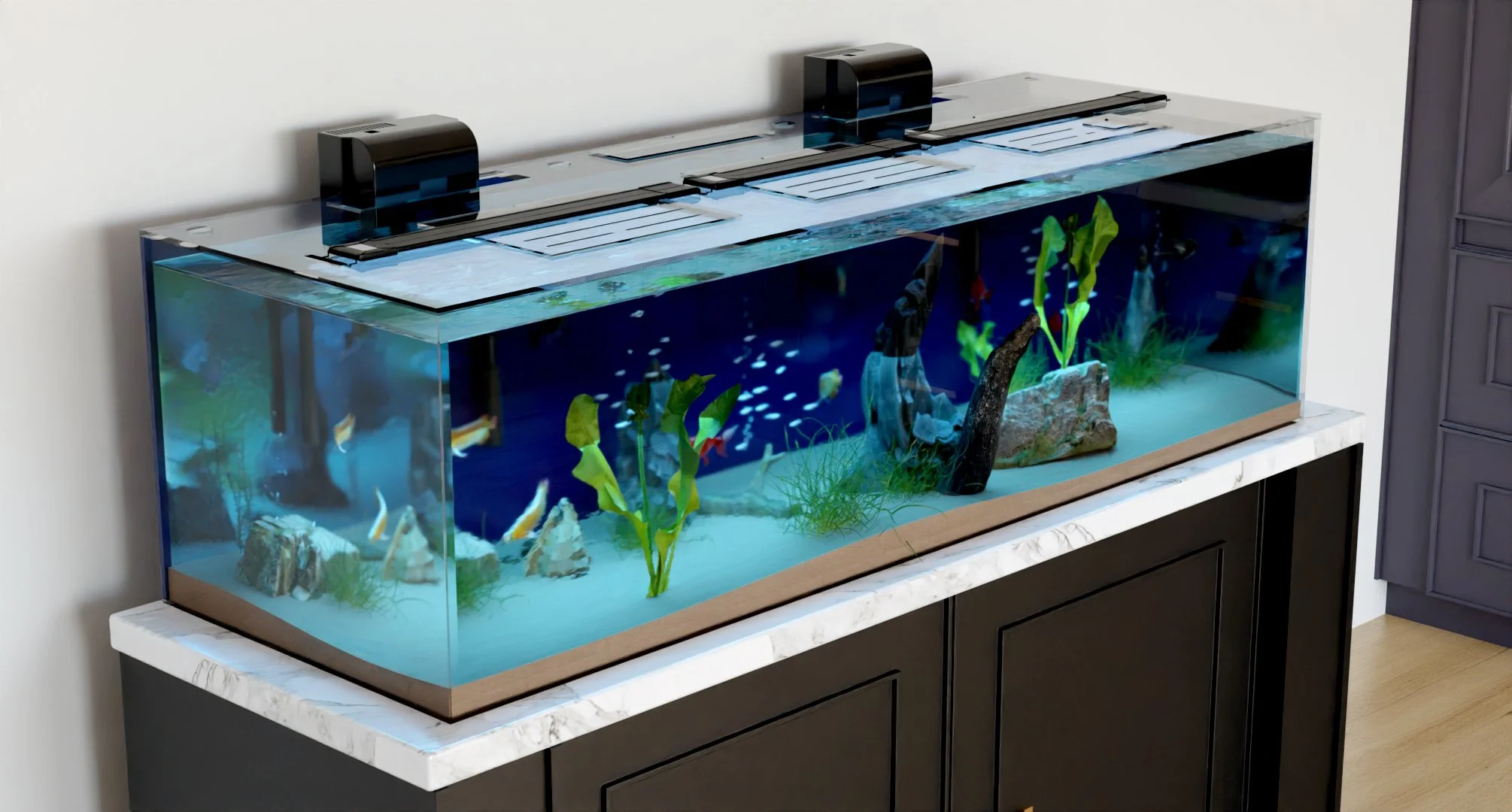 A rectangular fish tank on a white marble-topped black cabinet, filled with water, colorful fish, green aquatic plants, rocks, and a large decorative branch, with a sleek black lid on top.