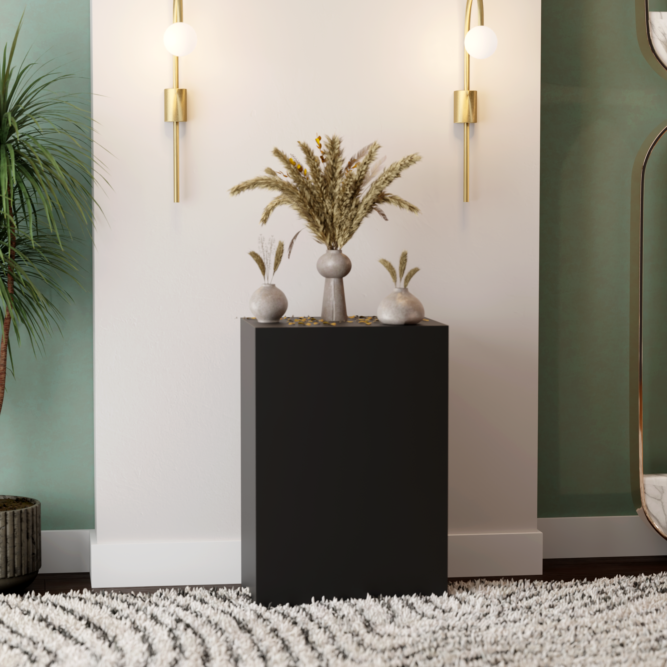 A modern living room corner with a black side table, tall vases holding dried floral arrangements, a green indoor plant, and a geometric-patterned rug on a wooden floor.
