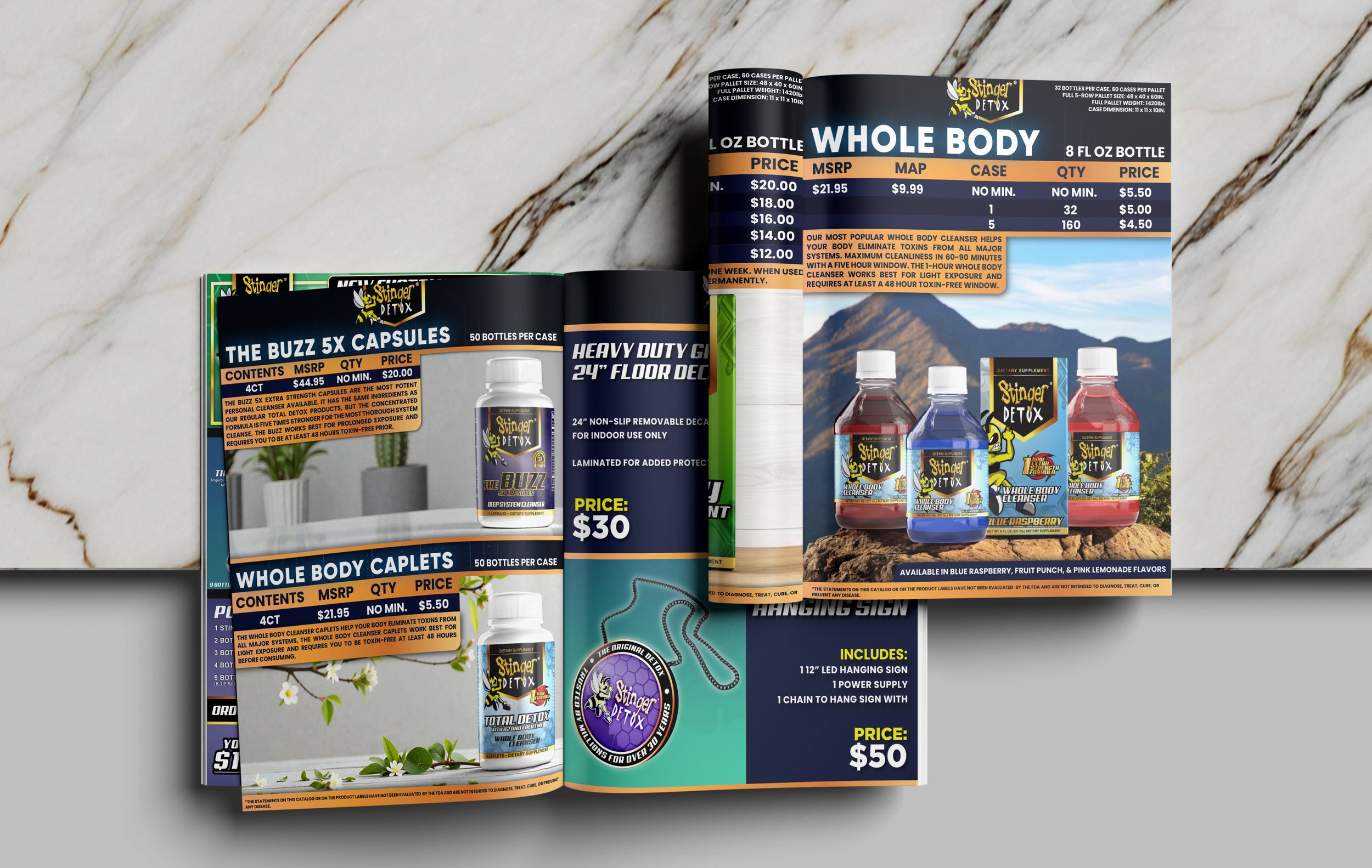 Open catalog featuring Stinger Detox products, including whole body capsules, deep system cleanser, and wellness supplements; displays bottles, price details, and promotional text related to detox products and their benefits.