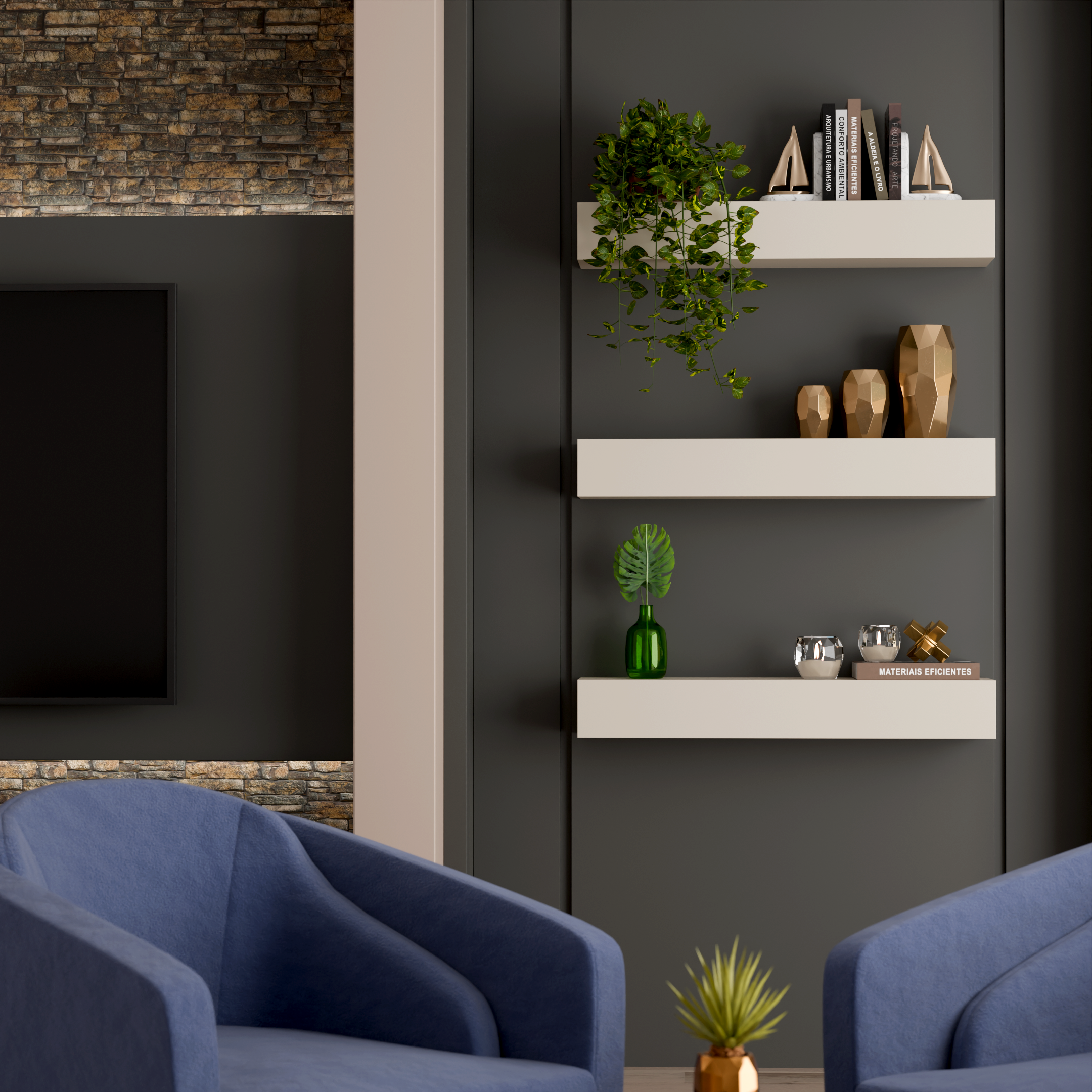 A living room corner with a black wall, white shelves holding books and decorative items, a green potted plant, and a blue sofa with a yellow plant in a gold geometric pot.