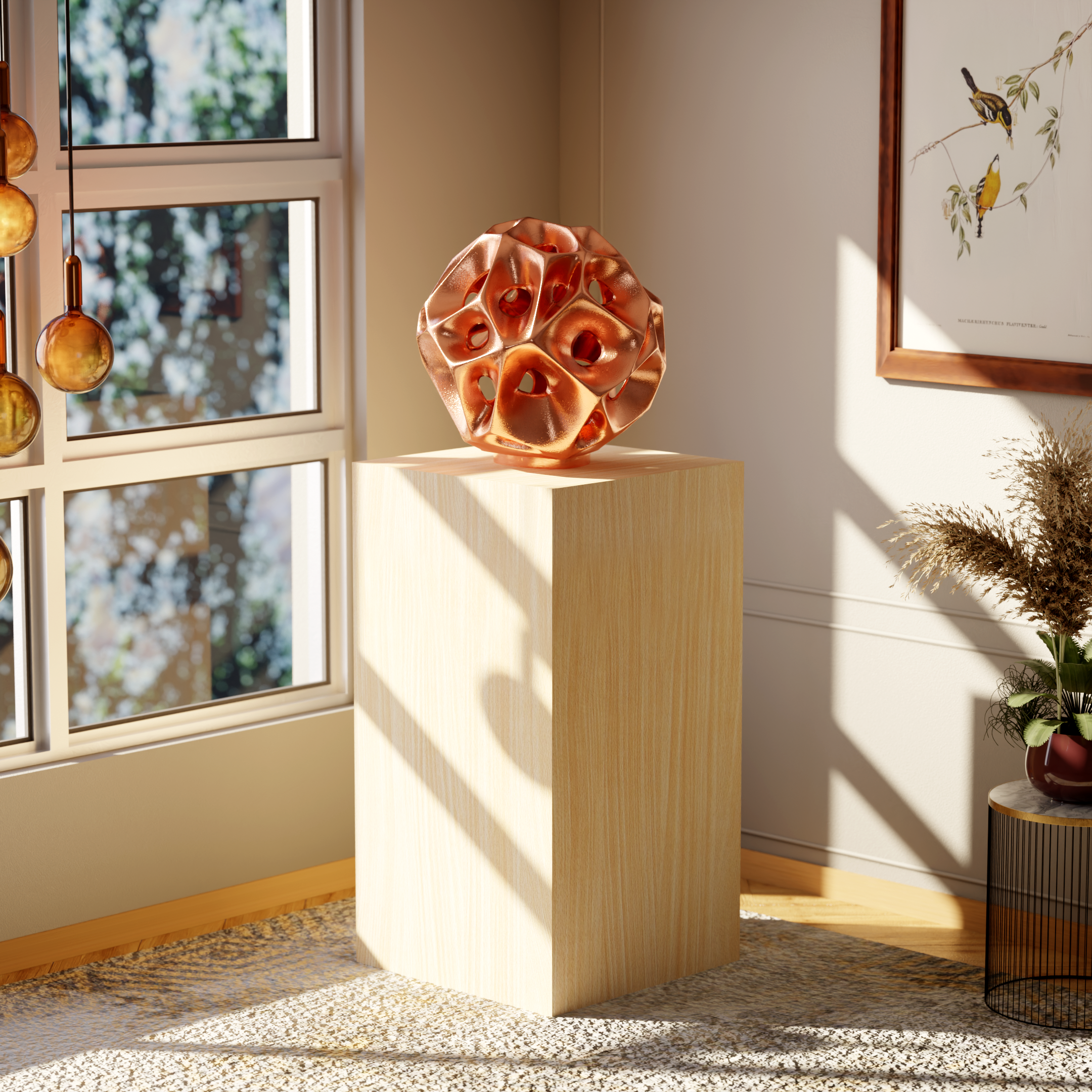 A room with a wooden pedestal holding a metallic, hollow, artistic sculpture, next to a window with trees outside. On the wall, there is a framed botanical print of two yellow and black birds on a branch. To the right, on the floor, there is a potted