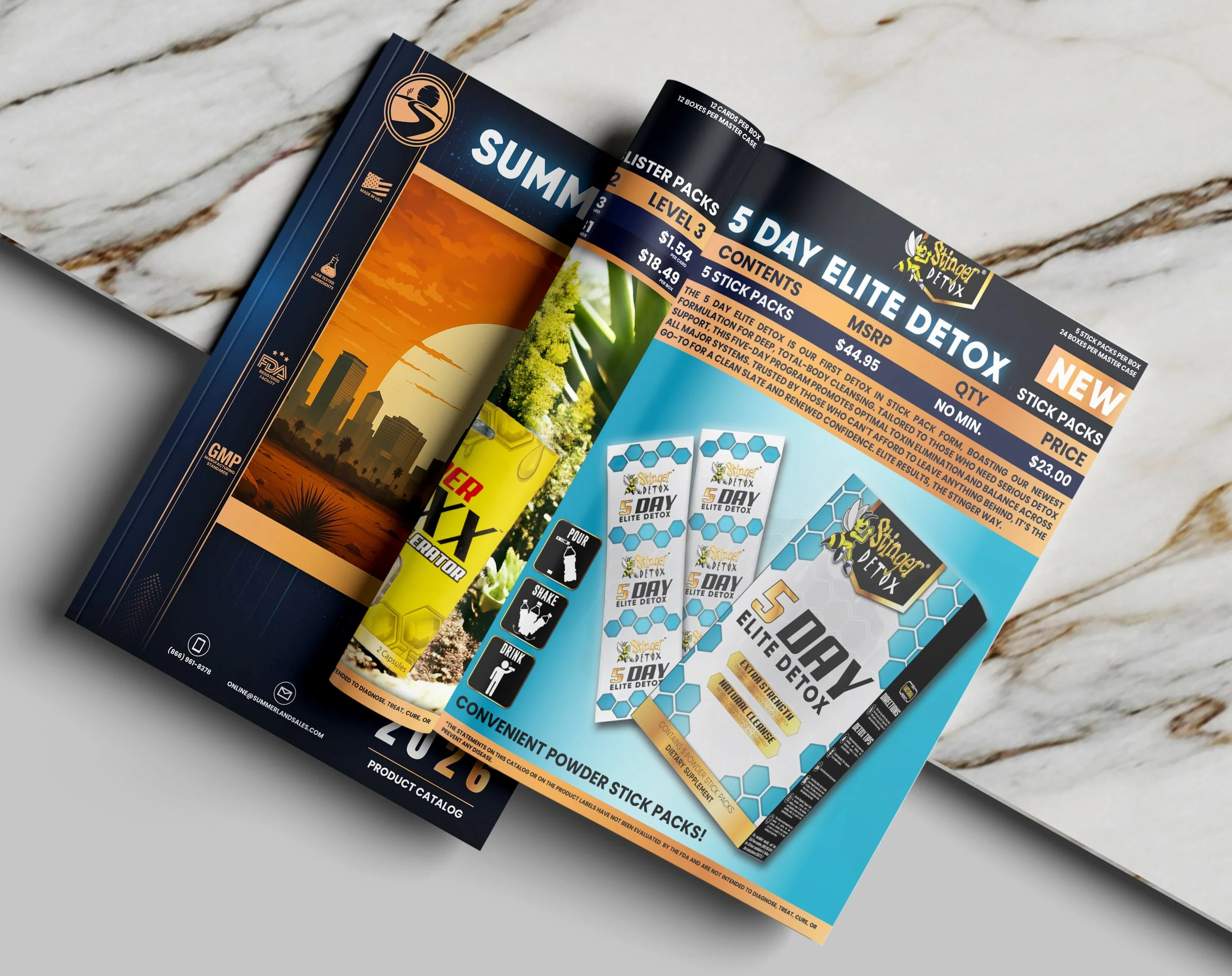 Stack of promotional flyers for detox and health products, featuring colorful graphics, product descriptions, and pricing information.
