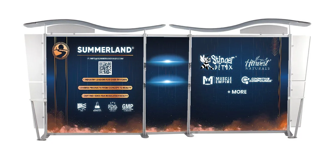 Trade show display with Summerland branding, logos, and product categories, including Stinger, Harvest Naturals, Muscle Empire, and Cognitive Compounds.