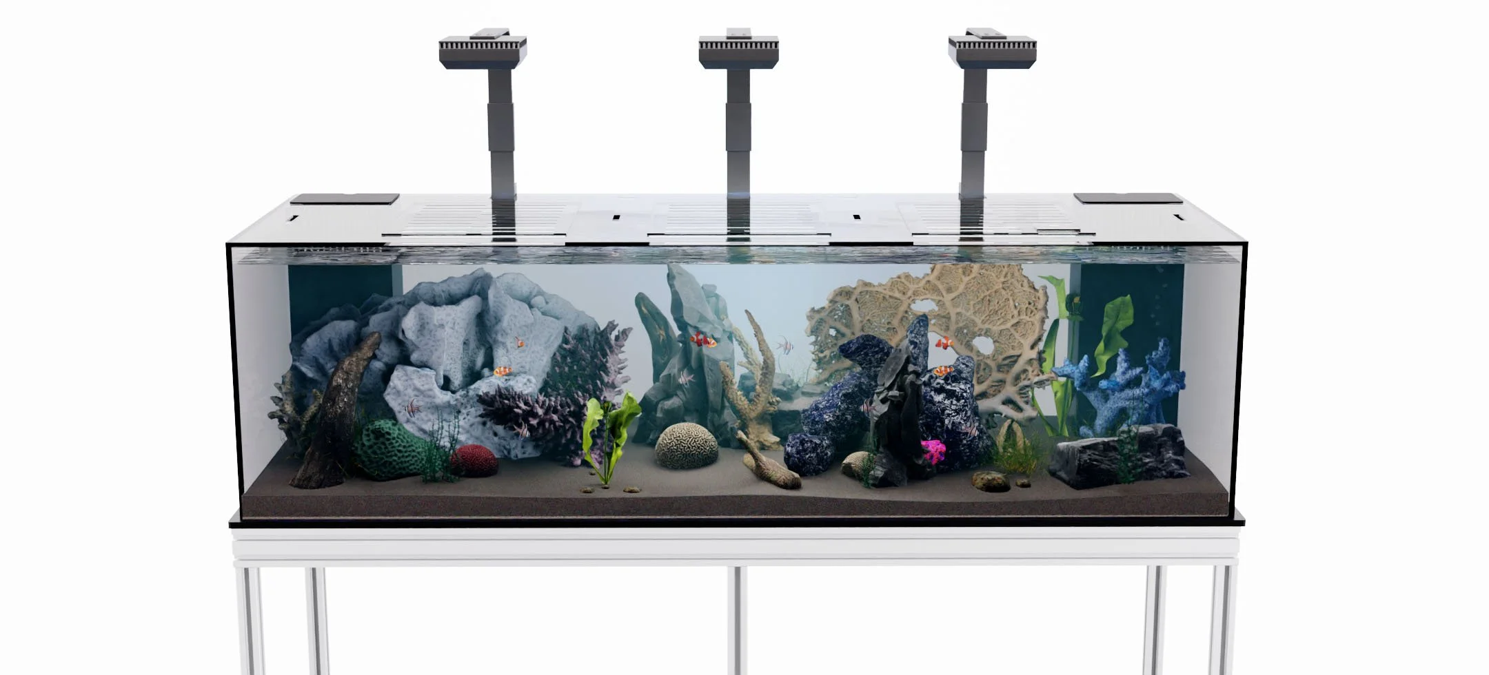 A large tabletop aquarium with coral, rocks, plants, and fish, under LED lights.