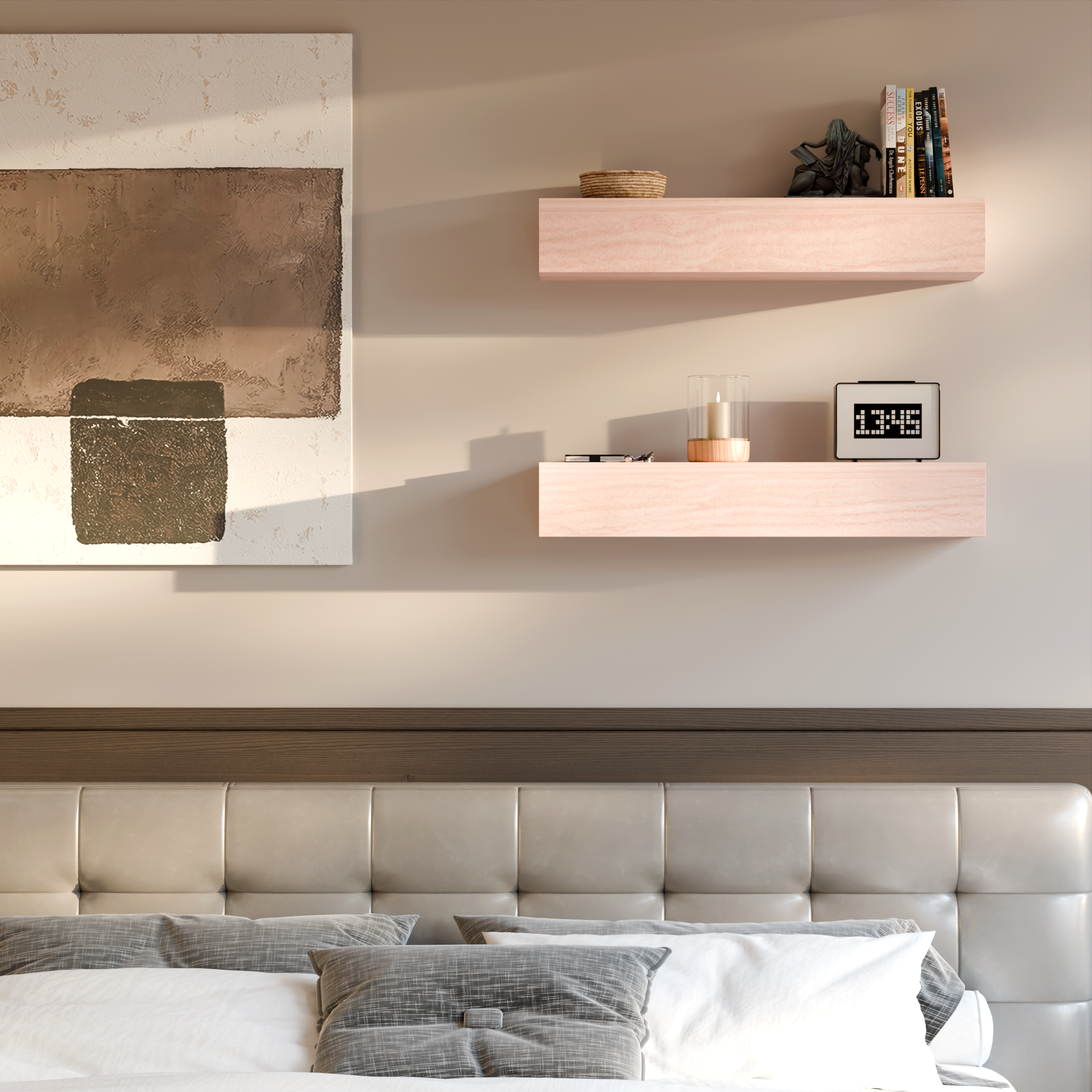 A modern bedroom with a padded headboard, decorative pillows, a bedside table with a book and candle, and a digital clock showing 13:45, against a beige wall with a textured abstract art piece.