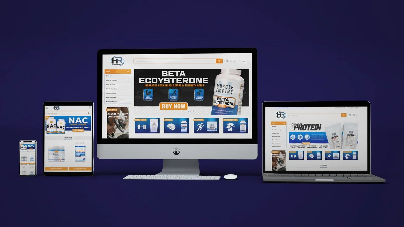 Computer and two tablets displaying an online store for sports supplements and nutrition products against a dark blue background.