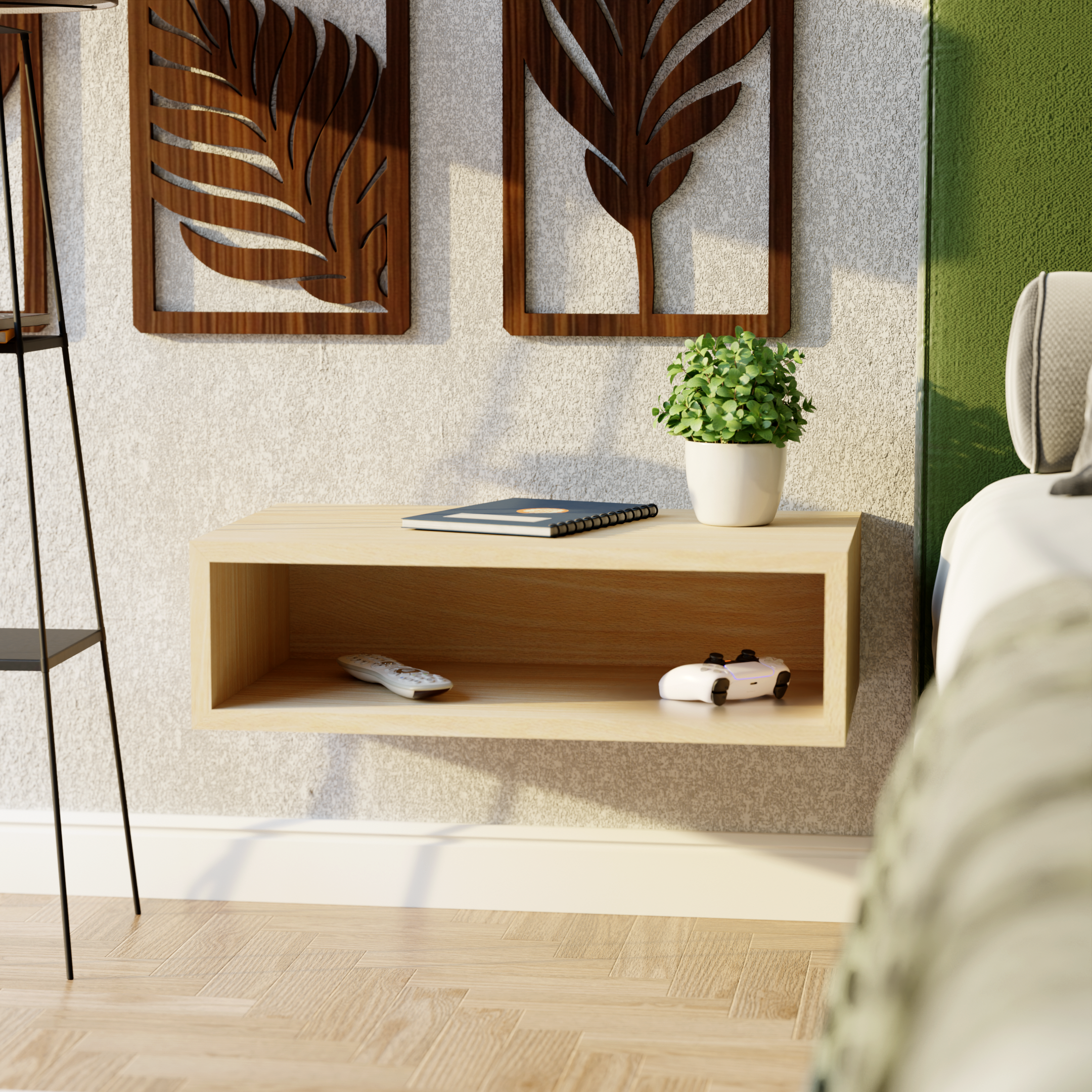 A modern interior room with wooden wall art featuring leaf patterns, a small table with a potted plant, and a gaming controller on a wooden surface.
