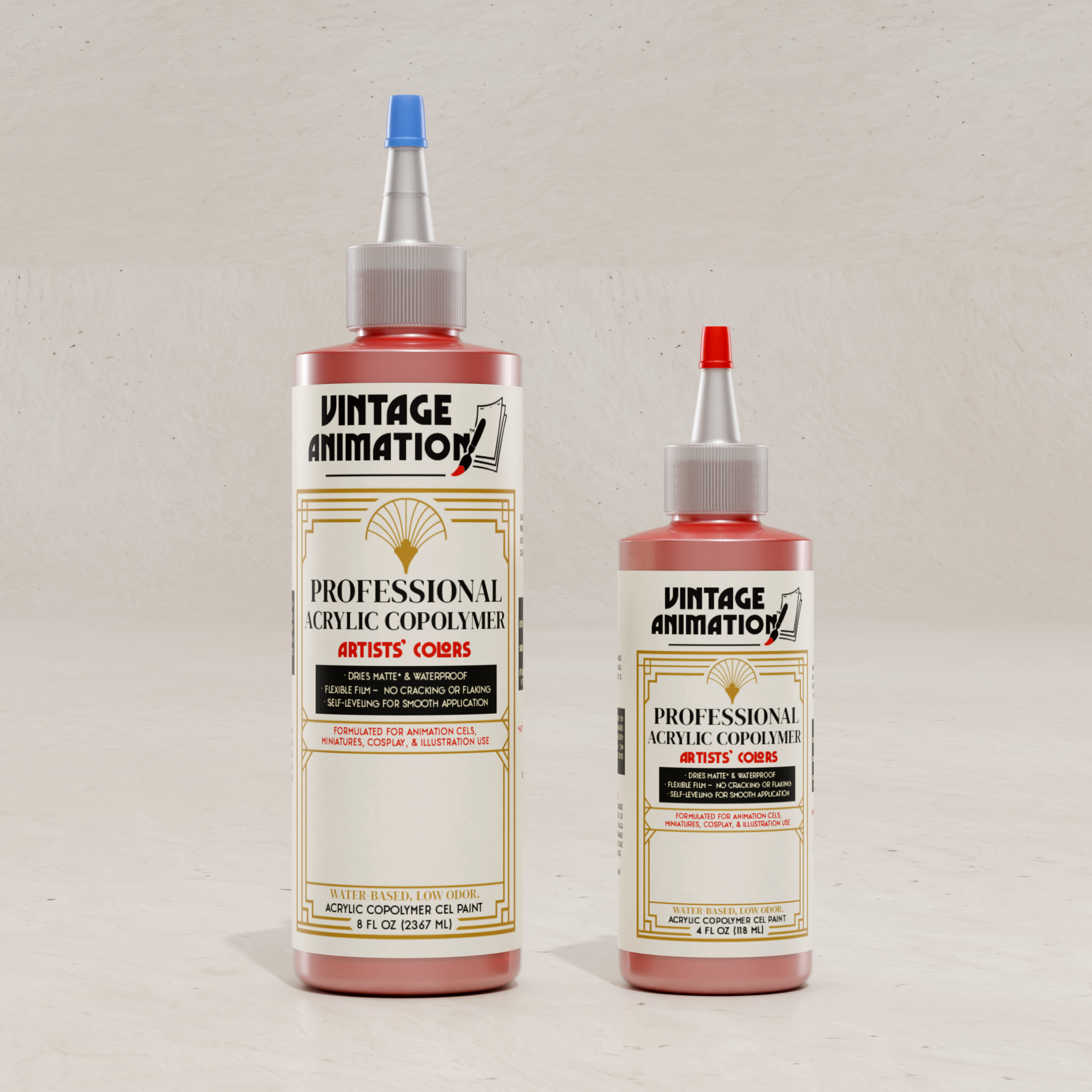 Two bottles of acrylic copolymer paint, one larger with a blue cap and one smaller with a red cap, labeled 'Vintage Animation' for art and miniatures, on a light textured background.
