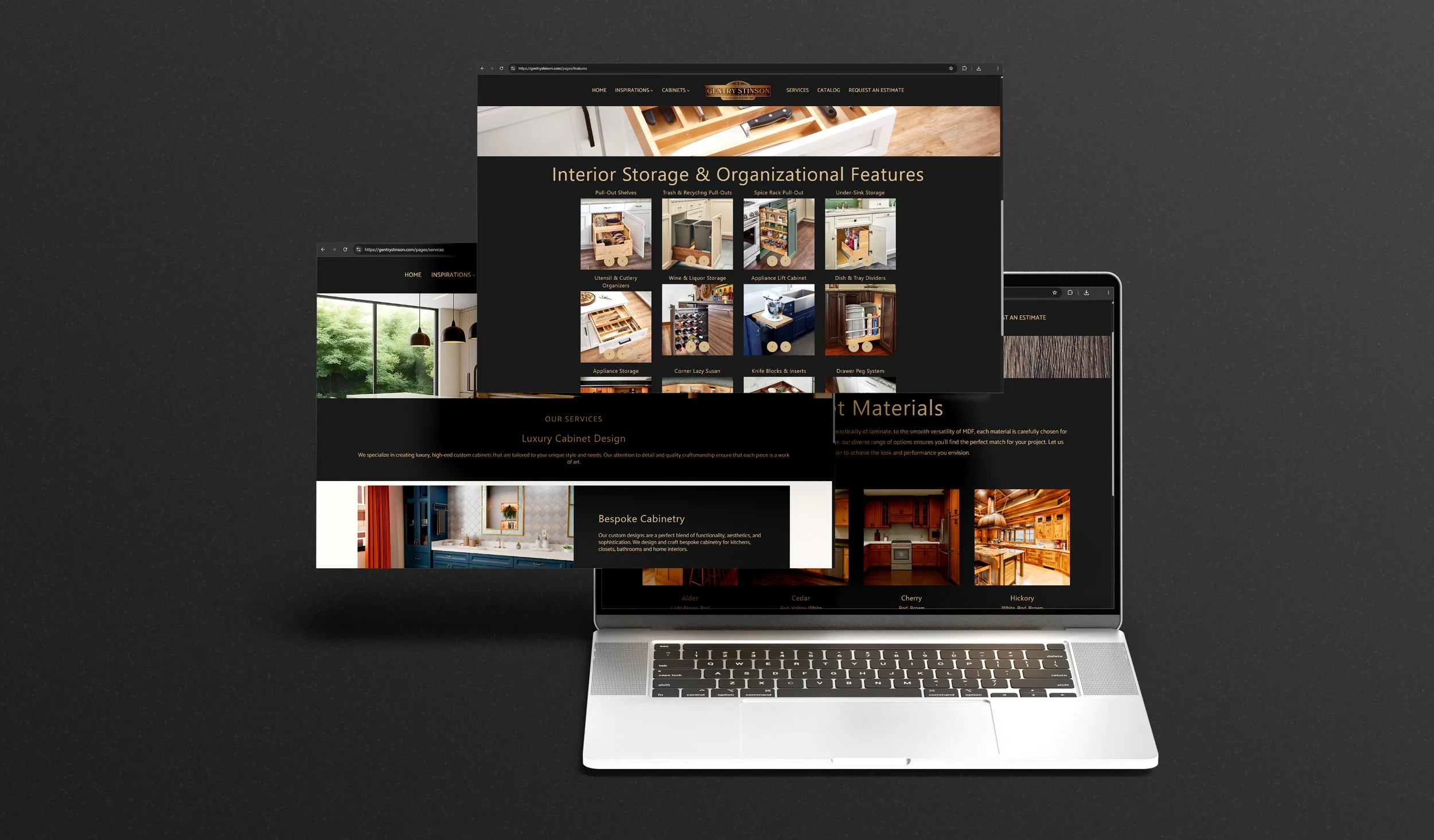 Open laptop displaying a website about interior storage and organizational features for cabinets, with images of cabinetry, kitchen, and storage solutions.