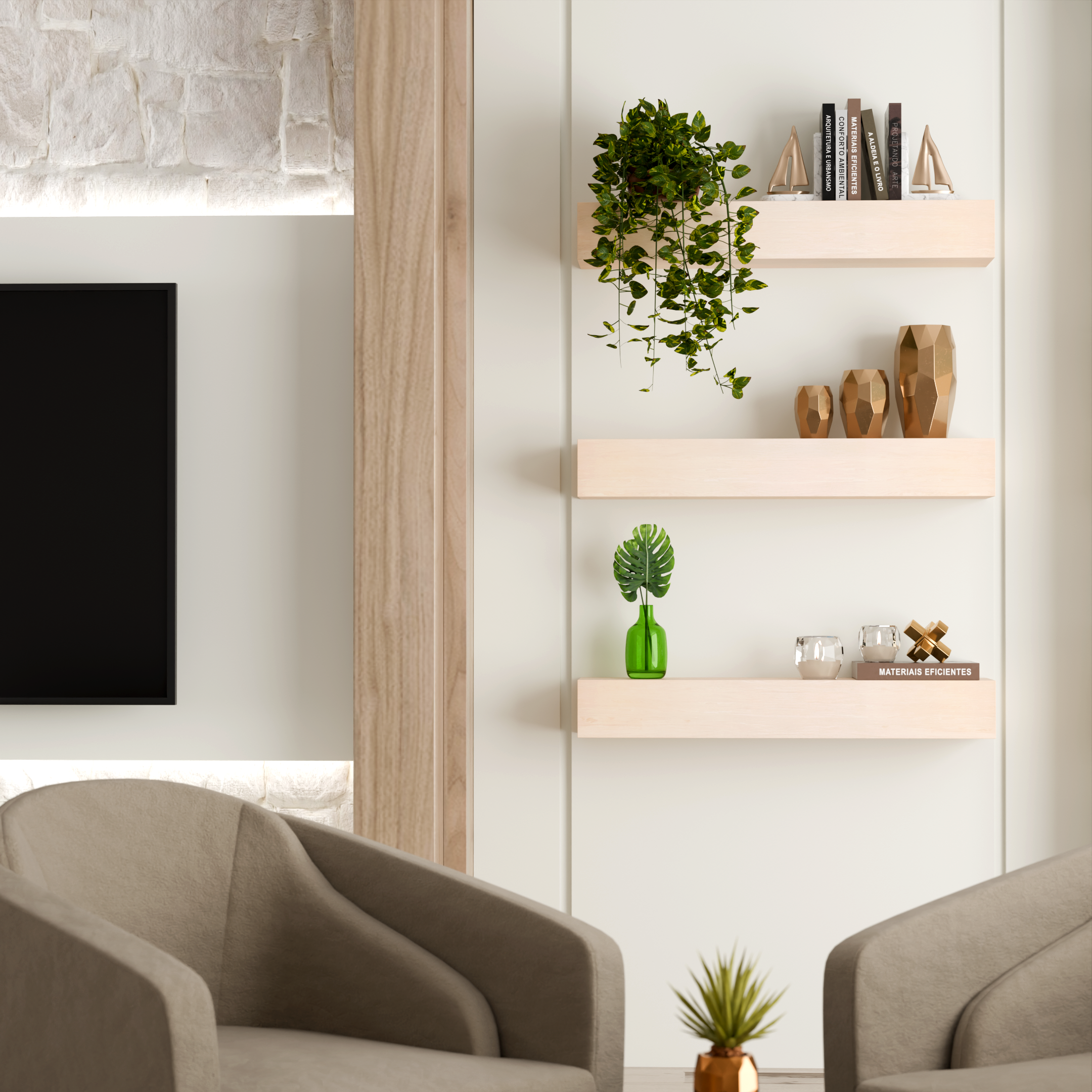 View of a modern living room with beige armchairs, a green potted plant in a green vase, and minimalist decorative items on light wood shelves against white walls.