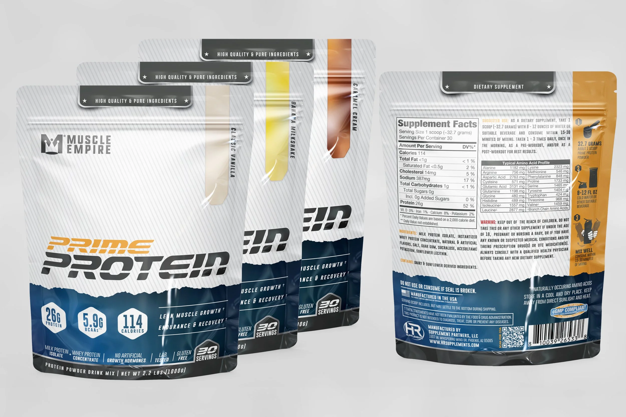 Three packages of Muscle Empire protein powder drink mix with front and back views on a gray background.