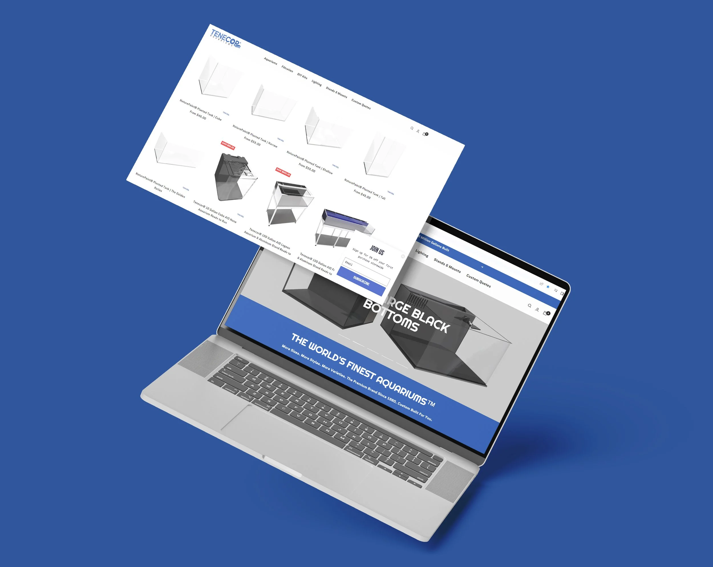 Laptop displaying a webpage for aquarium products with images of aquarium tanks, stands, and accessories on a blue background.