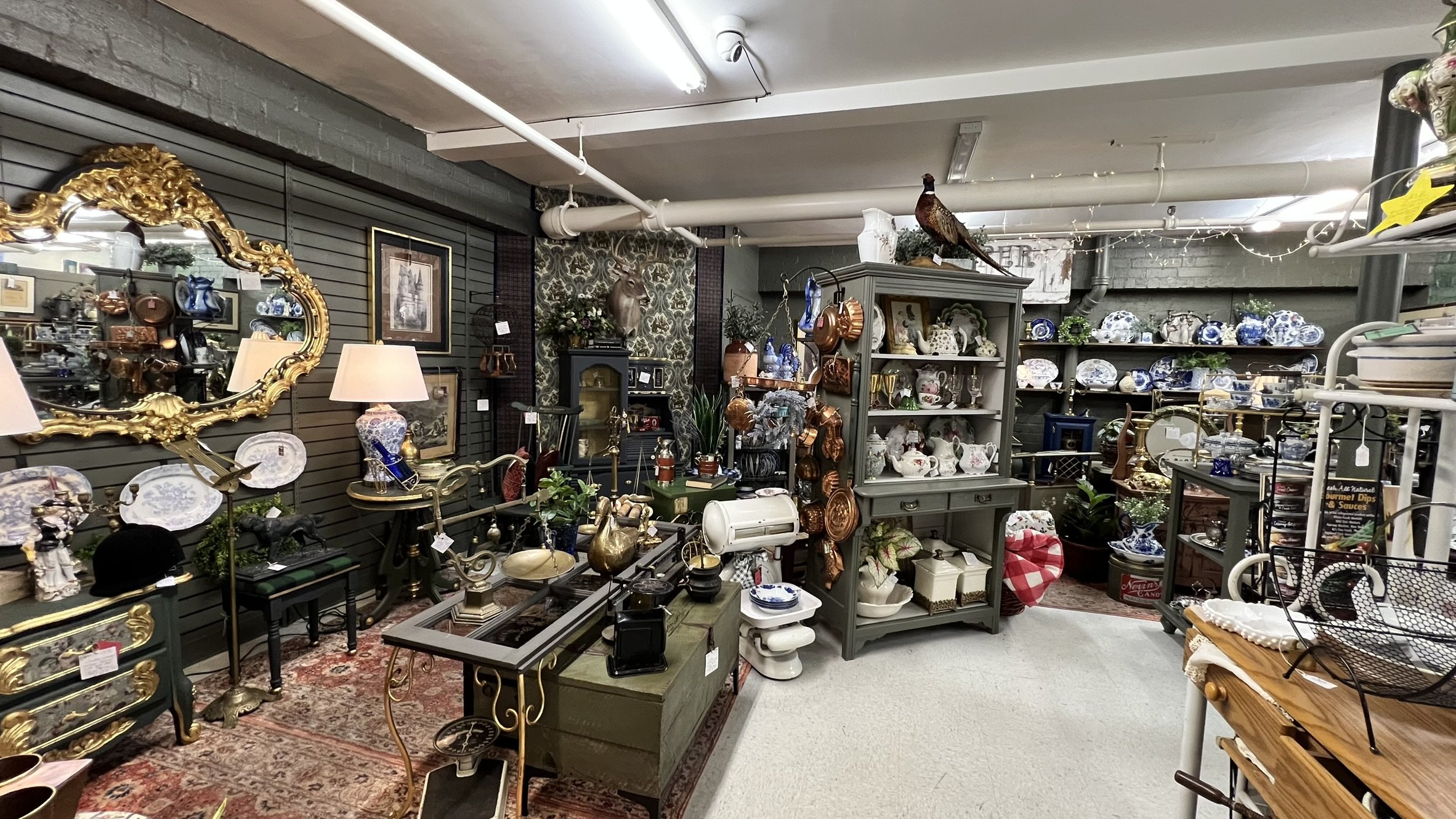 Interior of a vintage furniture and decorative items store with shelves and tables filled with ceramics, vases, brassware, framed pictures, and decorative objects, including a mounted pheasant and a deer head.