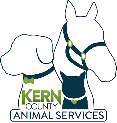 Illustration of a white horse wearing a harness with green accents, and a white dog with a green collar, featuring the text 'Kern County Animal Services'.