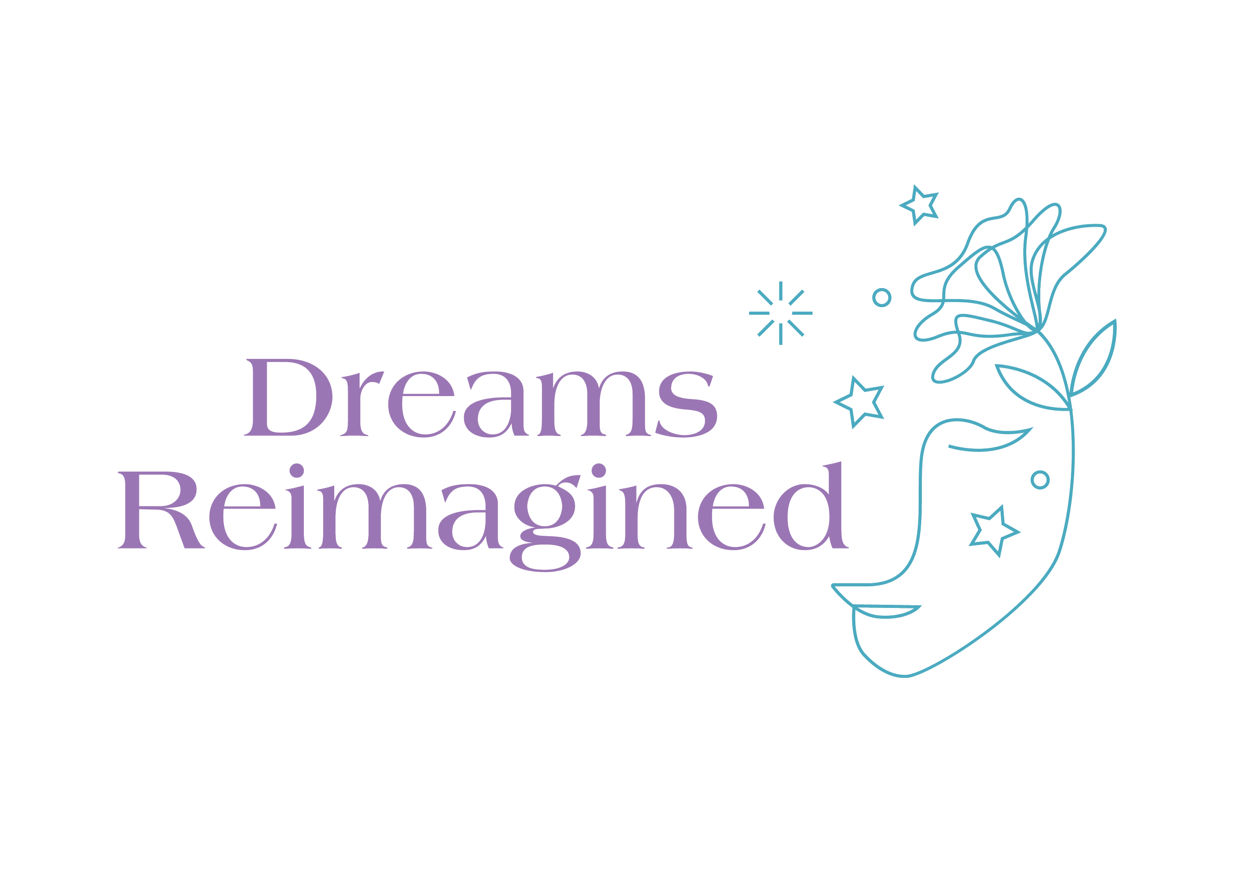 Decorative graphic with floral and star motifs, text reading "Dreams Reimagined" in purple, and blue outlined flourish design.